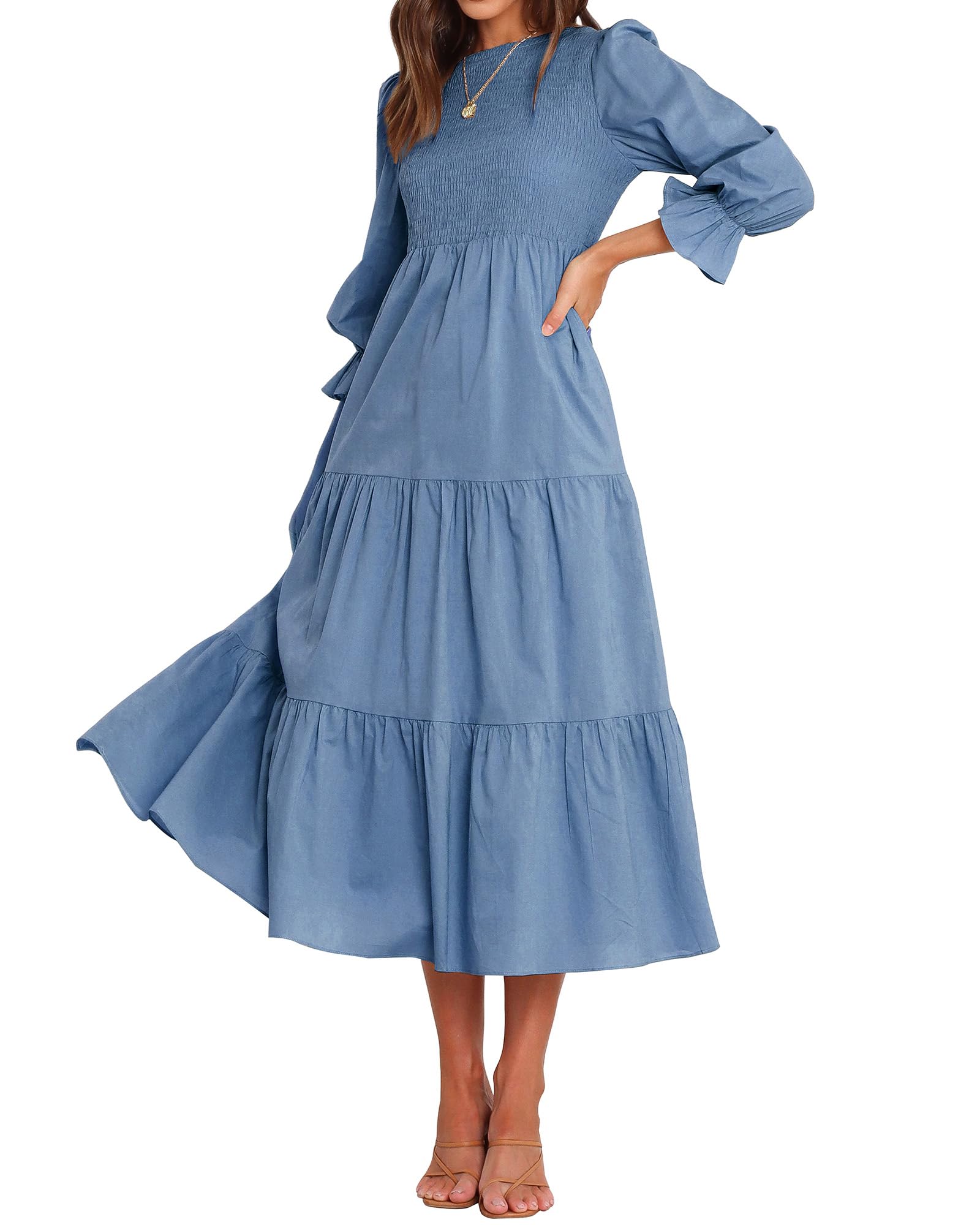 BTFBM Women Casual Long Sleeve Crew Neck Fall Dress Bohemian Relaxed Fit Floral Flowy Maxi Dresses Tiered Cocktail Dress