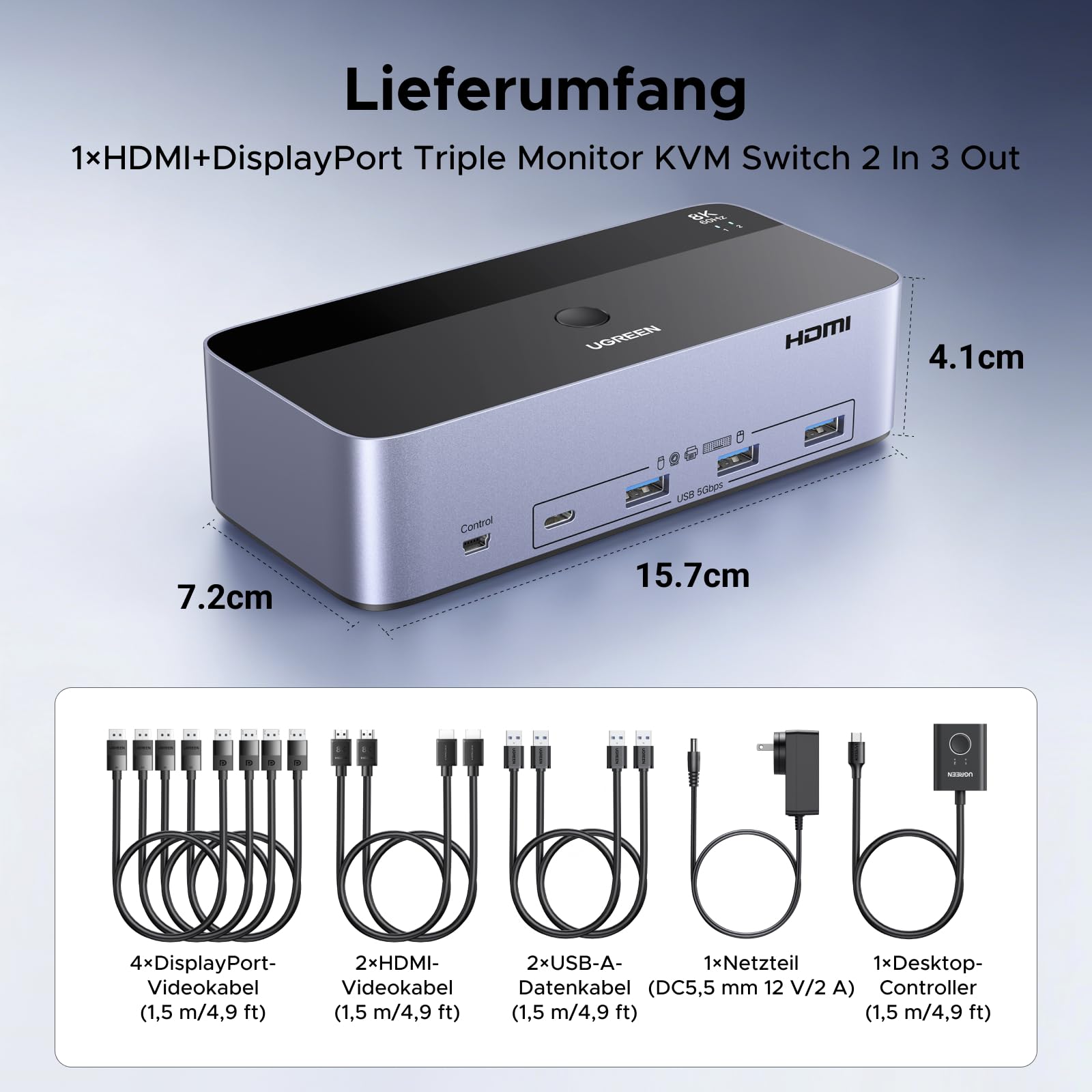 UGREEN HDMI+Displayport KVM Switch 2 PC 3 Monitore 8K60Hz mit 4 USB 3.0 Ports, Tasten- und Desktop-Controller Umschaltung Kompatibel mit Windows/Linux usw.
