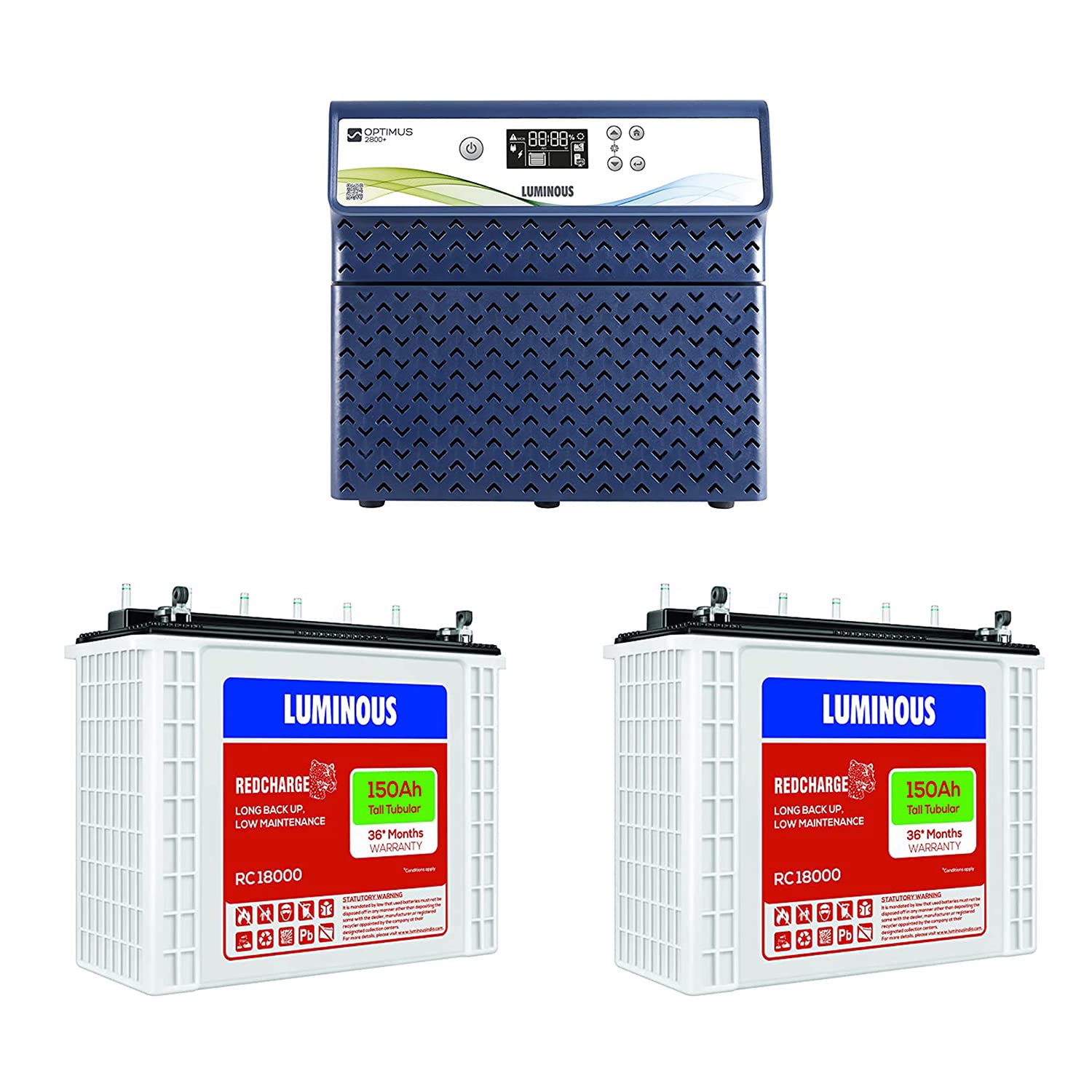 Luminous Inverter & Battery Combo (Optimus 2800 Pure Sine Wave 2500VA Inverter with Red Charge RC 18000 Tall Tabular 150Ah Battery - 2 Batteries) for Home, Office & Shops-image-30