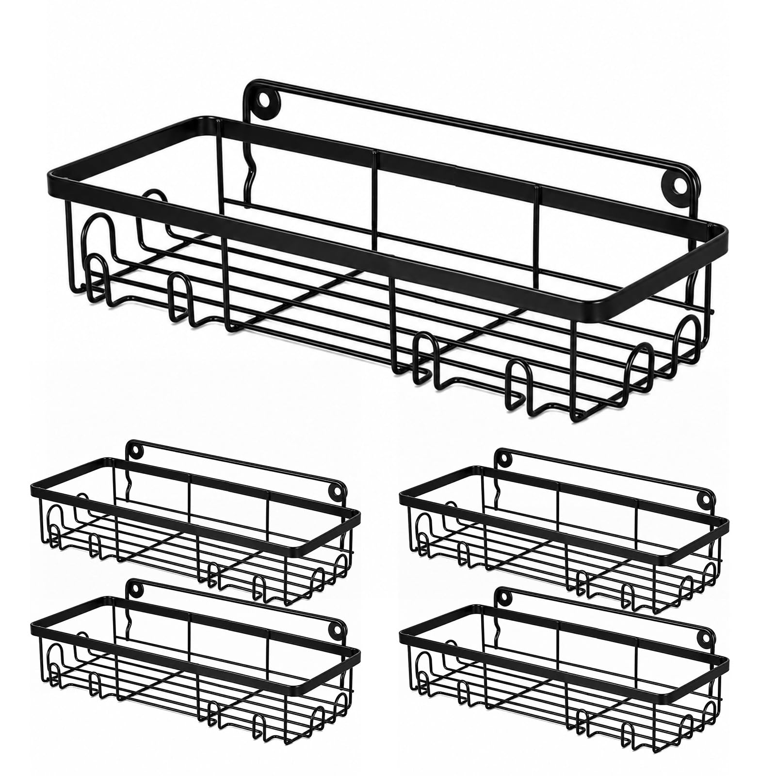 evergoods Spice Racks Organiser 5 Tier Hanging Stainless Steel Wall Mounted with Adhesive Stickers Screws Kitchen Pantry Shelf for Spices and Condiments Jars (Black)