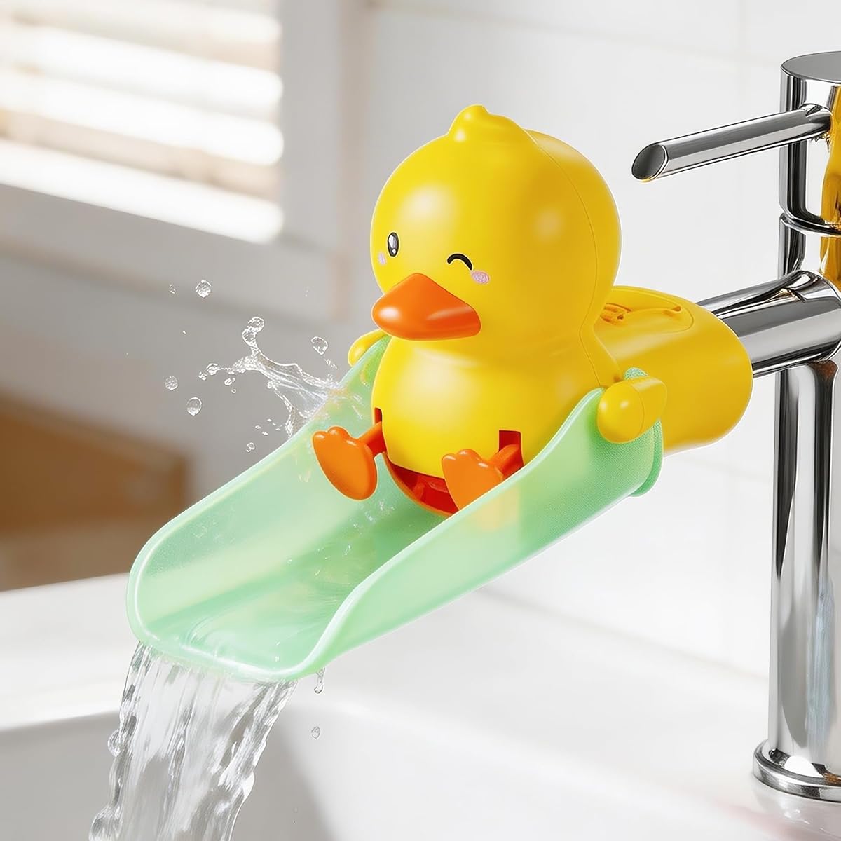 SKYROKU Faucet Extender for Toddlers, Duck Sink Extender for Toddlers | Kicking duck, BPA-Free, Splash-Proof, Helps Kids Wash Hands, Easy to Install, Also Works as Tub Faucet Cover for Kids yGreen