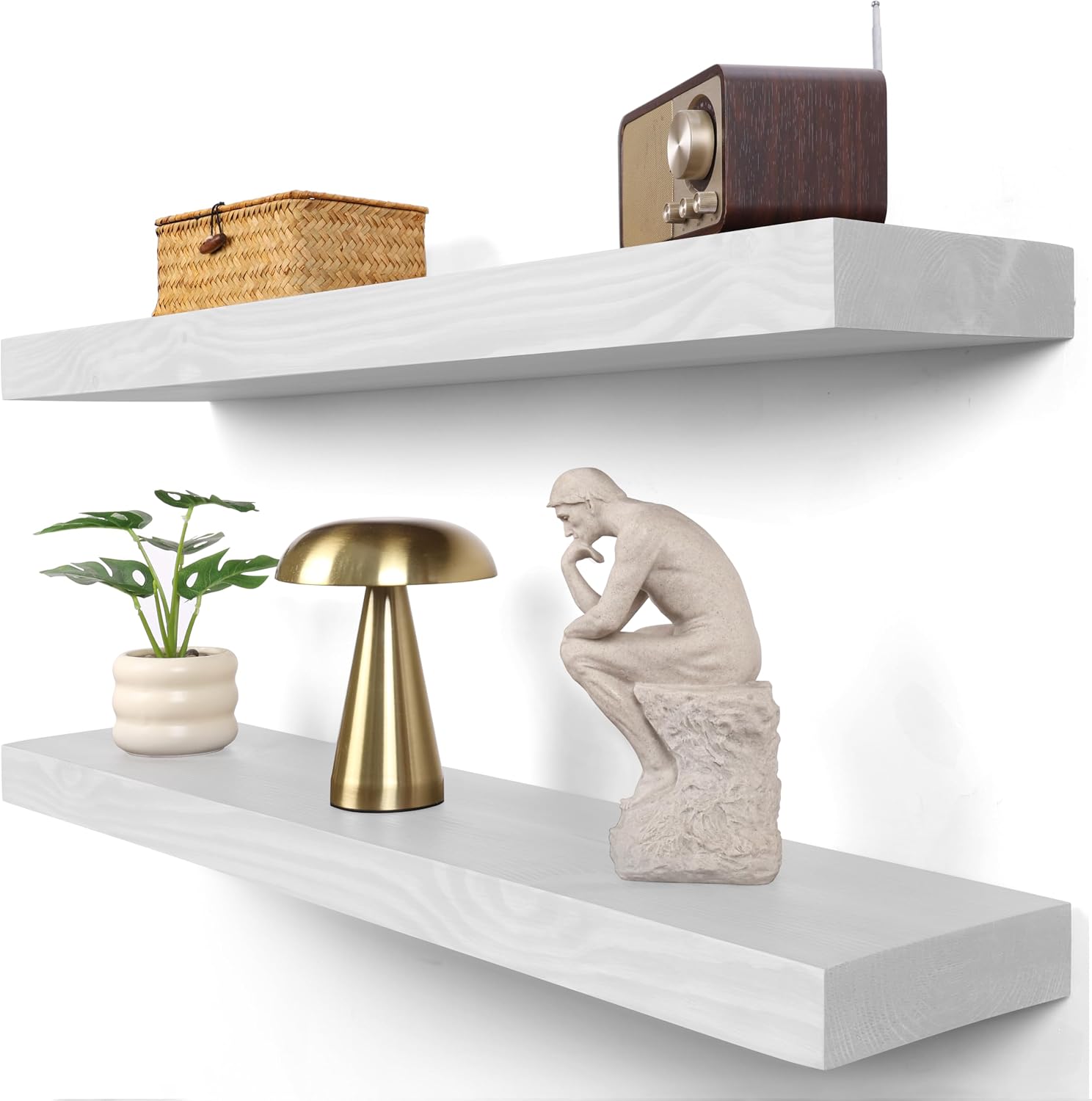 Rustic Floating Shelves 36 inch Long 8 inch deep Set of 2, Solid Wood Wall Shelves for Bedroom Living Room Kitchen,Book Shelf for Wall, Wall Mounted Shelves with Hidden Bracket-White