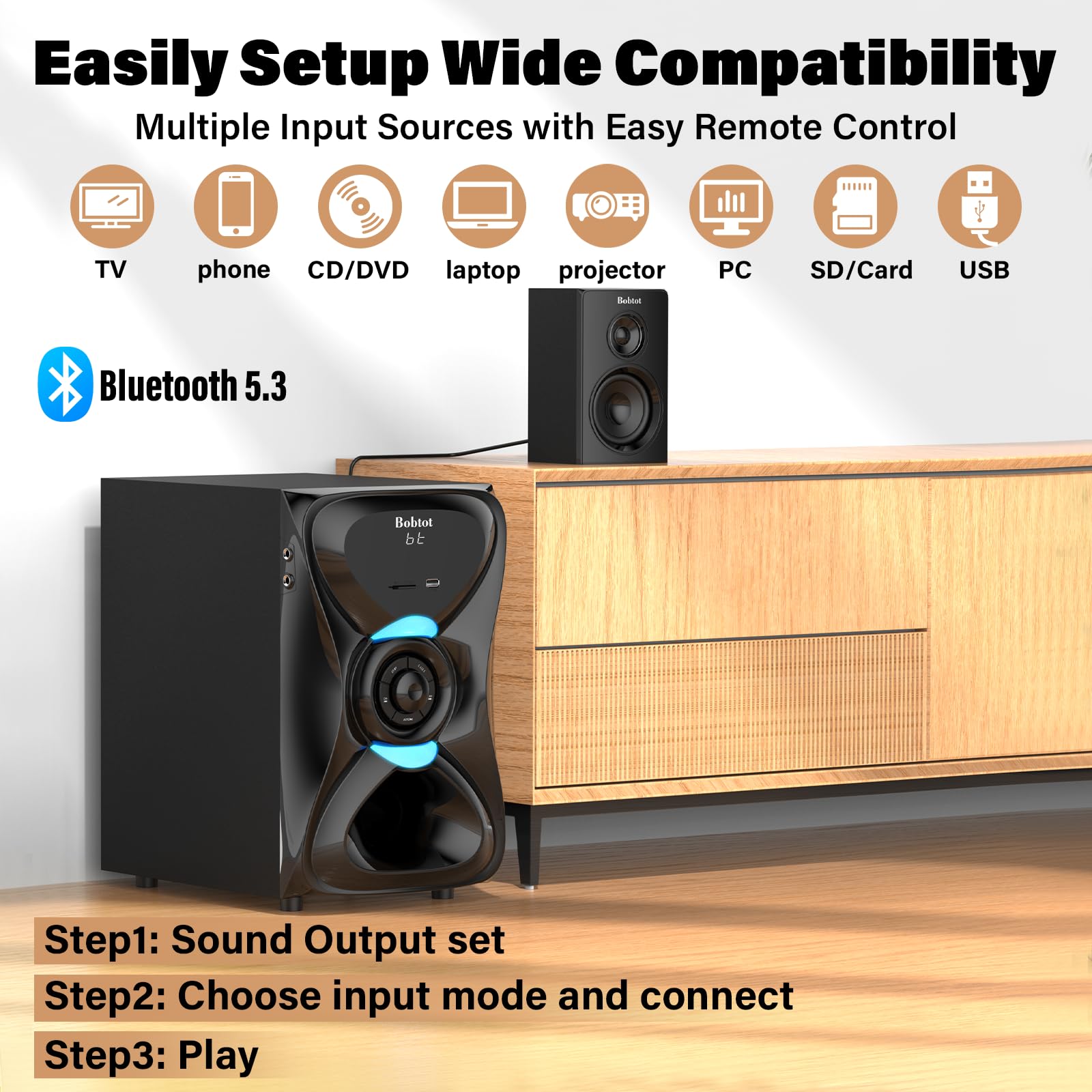 Bobtot Surround Sound Systems Haut-parleurs satellites arrière sans fil, pic 1000 W