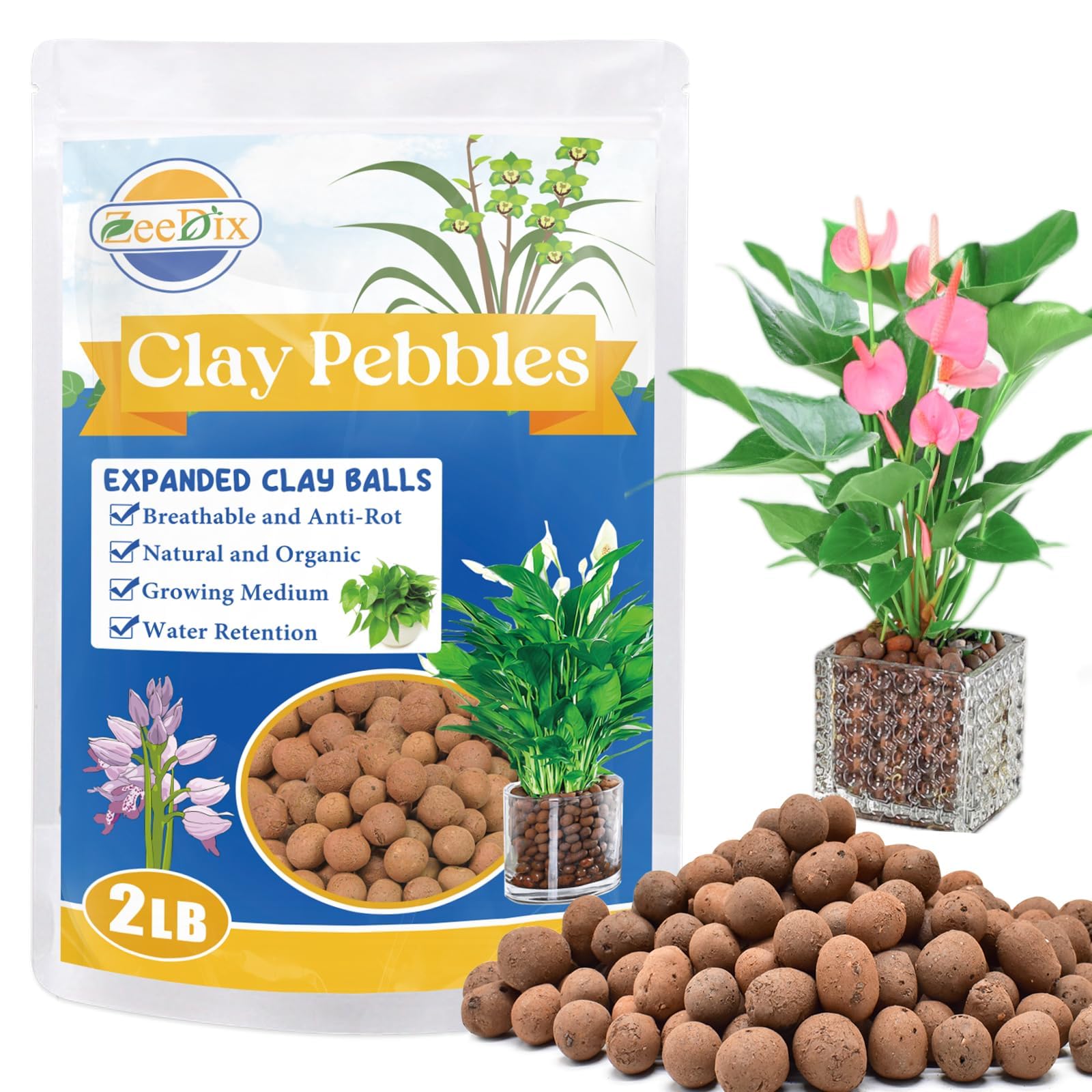 ZeeDix 2LBS Expanded Clay Pebbles for Hydroponics - pH Neutral Hydro Balls 4mm-16mm Lightweight Leca Clay Pebbles for Plants Drainage Aggregate, Aquaponics, Indoor Gardening & Succulents