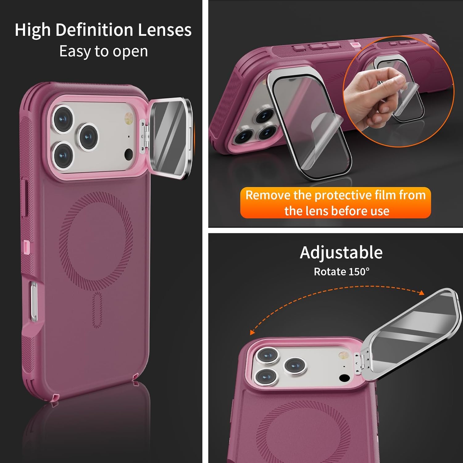 for iPhone 17 Pro Max Case with Stand & Built-in Camera Cover, MagSafe Compatible, Heavy-Duty Shockproof Protection, Magnetic & Rugged Phone Cover for iPhone 17 Pro Max 6.9'', Purple-Pink - Image 5