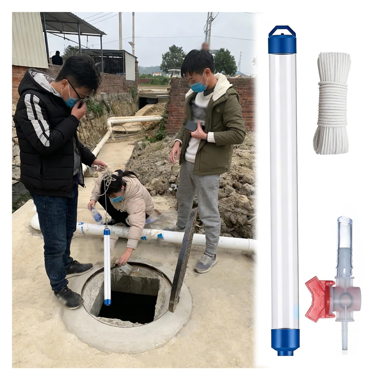 MZZKFC PVC Groundwater Bailer 250 500 1000ml，Slim-type Deep Well Water Sampler with Valve & Rope, 36.2 22.2 37.2in Long Ultra Light Monitoring Well Sampler(1000ml)