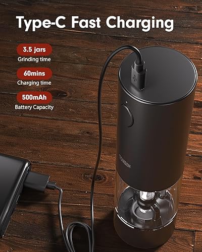 Miniatura 3 de TOMEEM Juego de molinillo eléctrico de sal y pimienta de mayor capacidad, recargable con luces LED, molinillo automático de pimienta y sal de acero