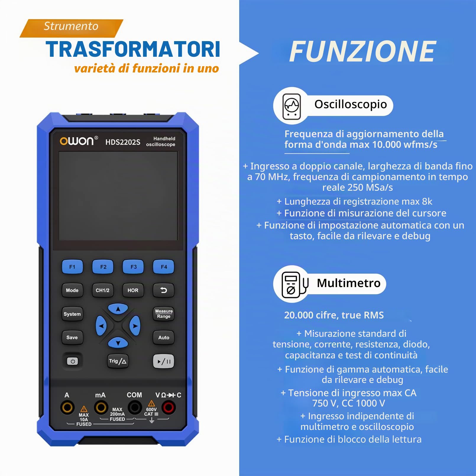 OWON HDS2202s Oscilloscopio 3 in 1 Oscilloscopio portatile professionale per PC, multimetro digitale da 20000, strumento di prova universale, batteria al litio di grande capacità (200 MHz+2CH +1CH)