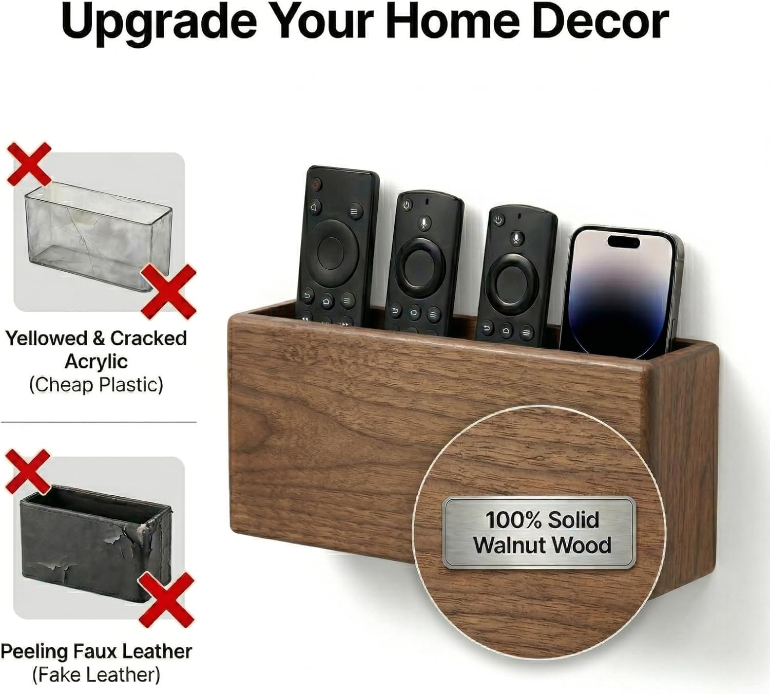 Wall Mount Remote Control Holder, Dark Walnut Wood TV Remote Organizer & Phone Caddy, No-Drill Space-Saving Wall Storage for Living Room, Office, Bedroom and Bedside