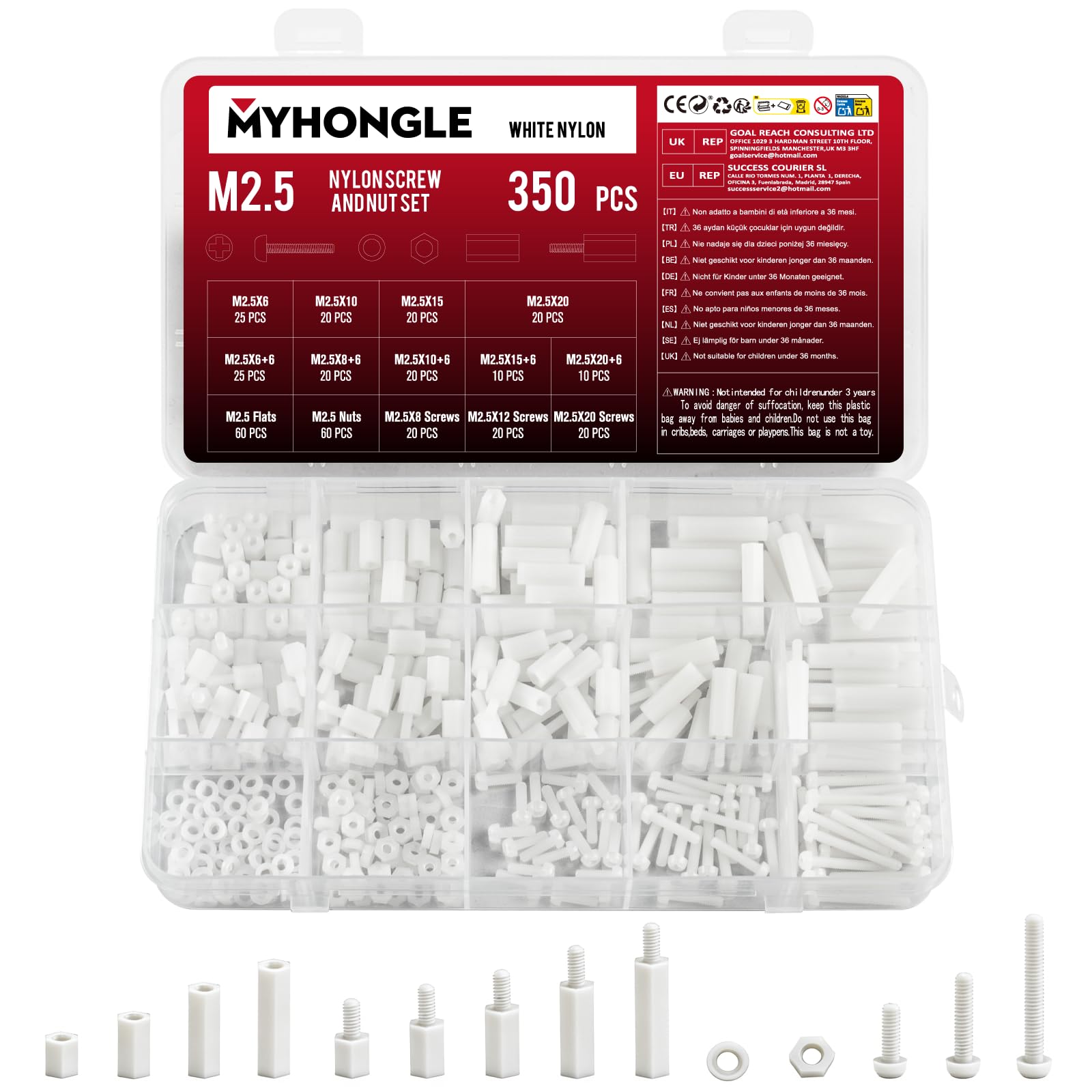 350 Pcs M2.5 Screws Set, Standoff Screws Nylon Spacers, Motherboard Standoffs, Male Female Nylon Hex Bolts, Threaded Pillars PCB Pillar Standoff Spacers for PCB Board Motherboard(White)