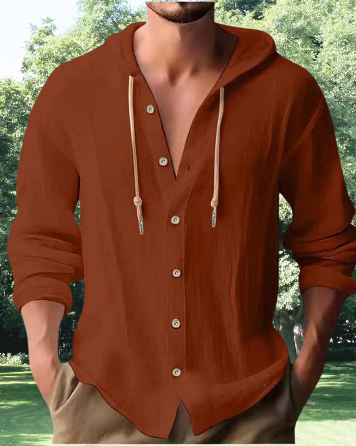 Cotton Linen Hoodie for Men Summer Casual Long Sleeve Button Down Hawaiian Beach Shirt Tops with Hood - Image 4