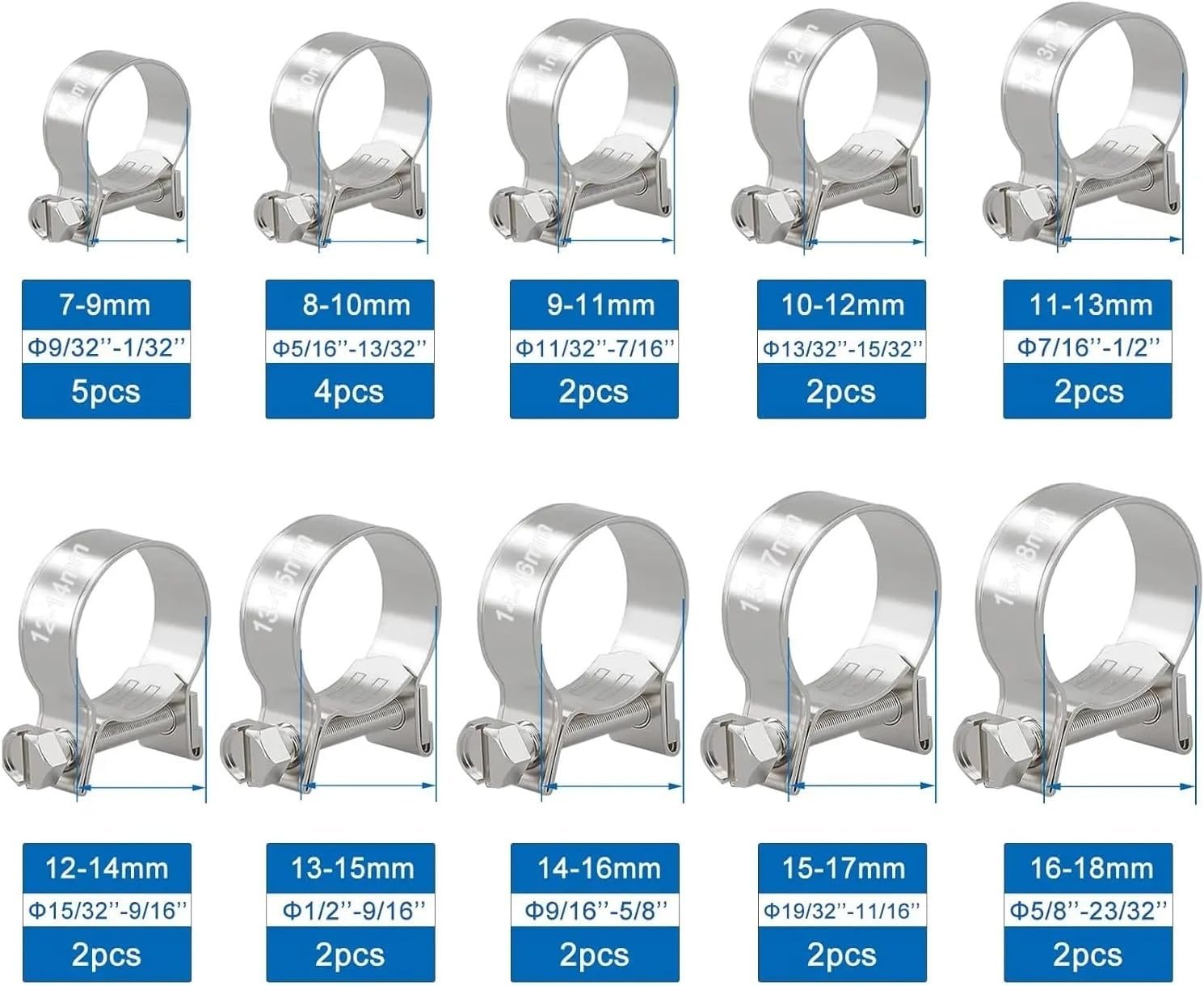 25Pcs 7mm to 18mm (10 Sizes) Zinc Plated Carbon steel Injection Style Hose Clamps Assortment Kit for Diesel Petrol Pipe