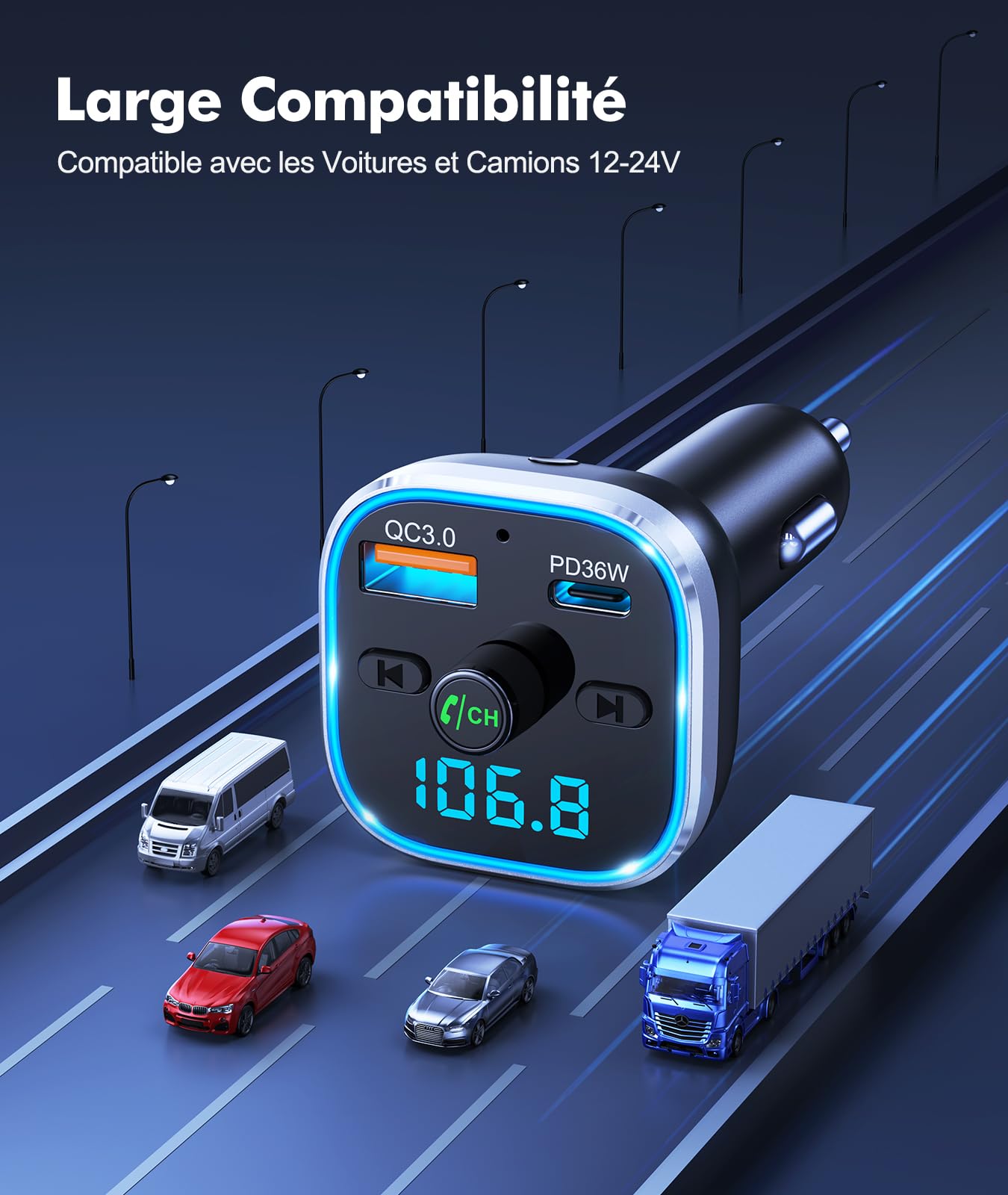 Mohard Transmetteur FM Bluetooth 5.3, 54W [PD+QC 3.0] Adaptateur Bluetooth Voiture Allume Cigare Charge Rapide, Appels Mains Libres & 7 Couleurs Rétroéclairage, HiFi Musique Emetteur Bluetooth Voiture
