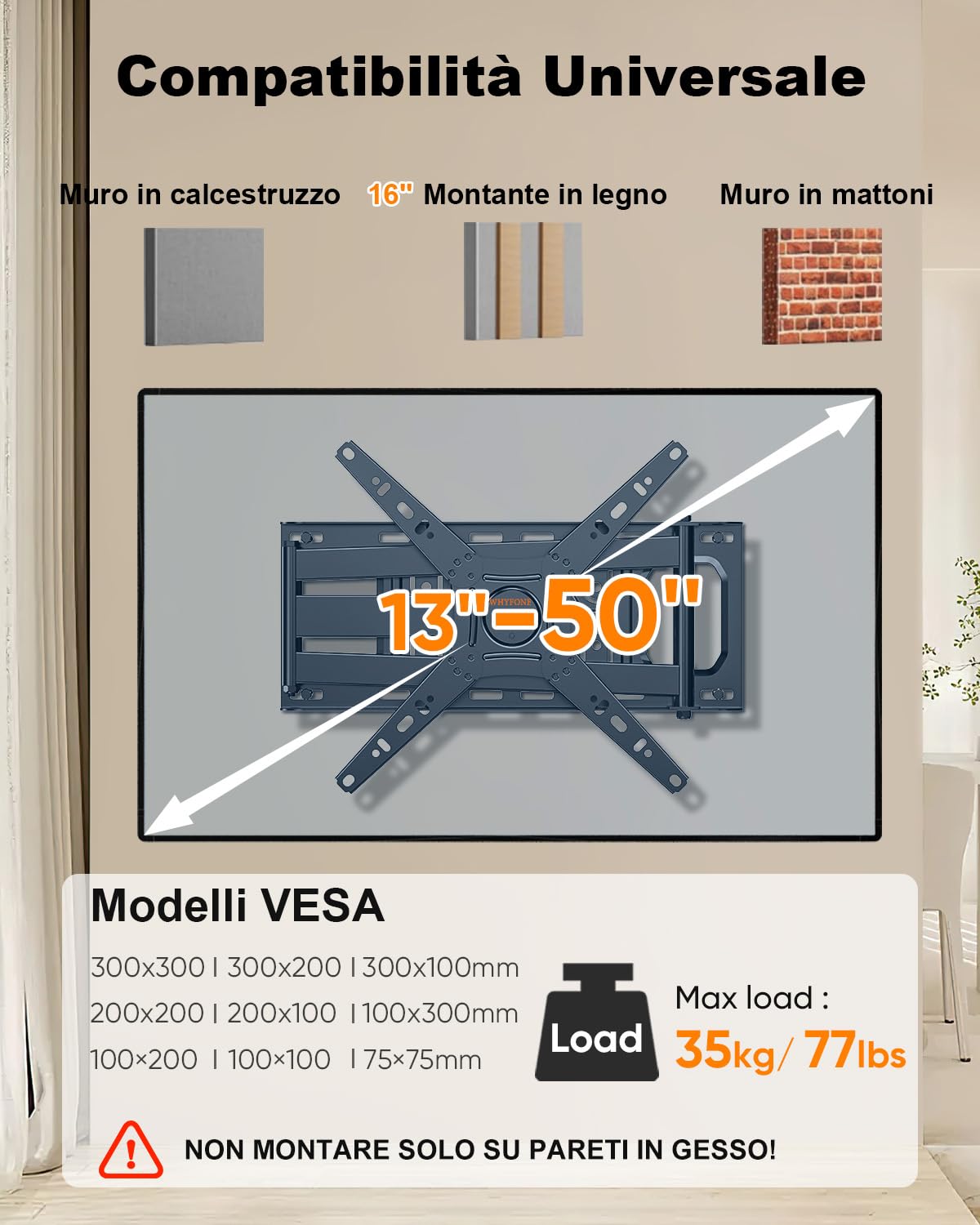 WHYFONE Supporto TV Parete con Braccio Girevole ed Estendibile di 655mm, 180° Rotazione Supporto TV Monitor per LCD/LED da 13 a 50 Pollici fino a 35kg, Max VESA 300x300mm