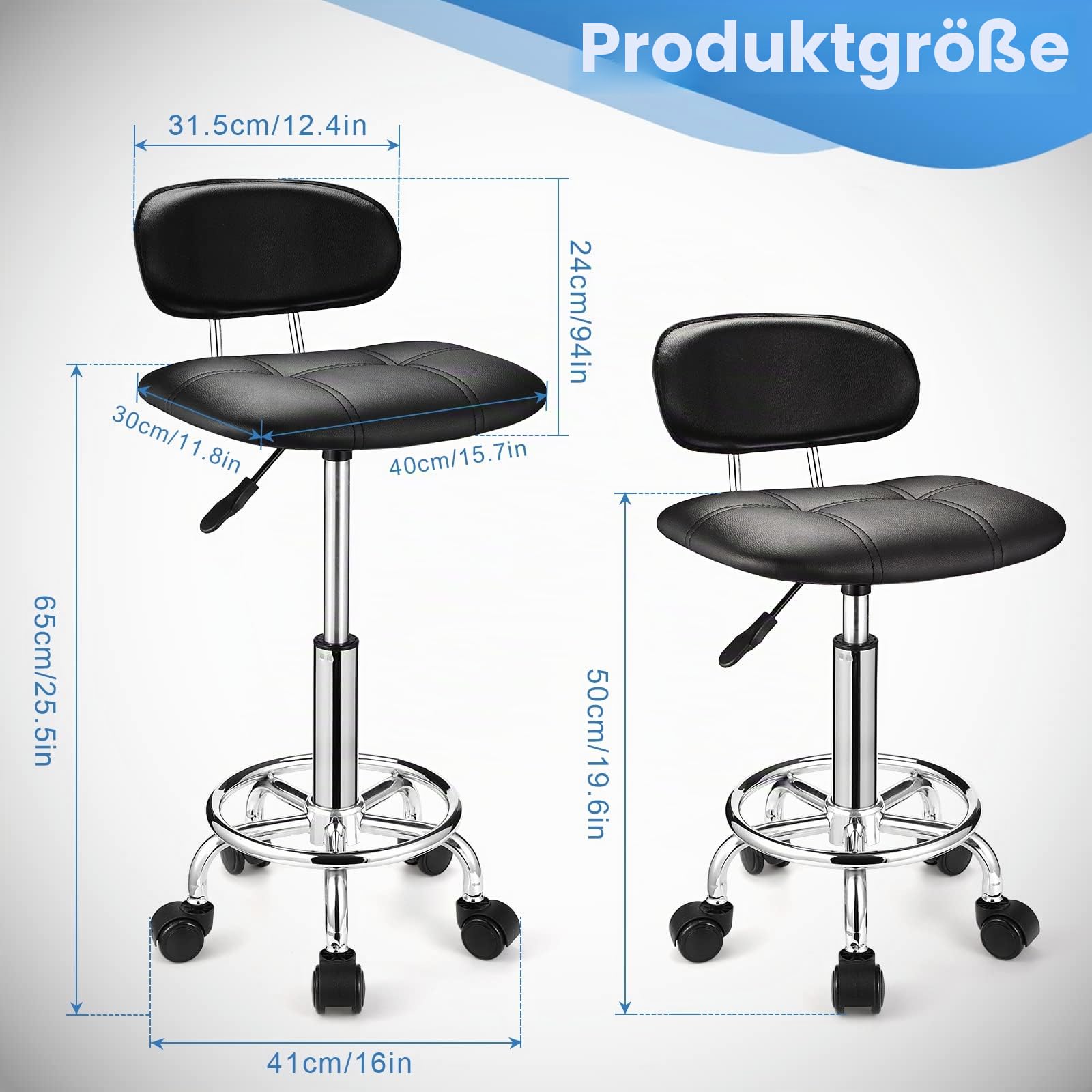 HMTOT Eckiger Rollhocker mit Lehne, höhenverstellbar, Drehhocker mit Rollen, Schwarz