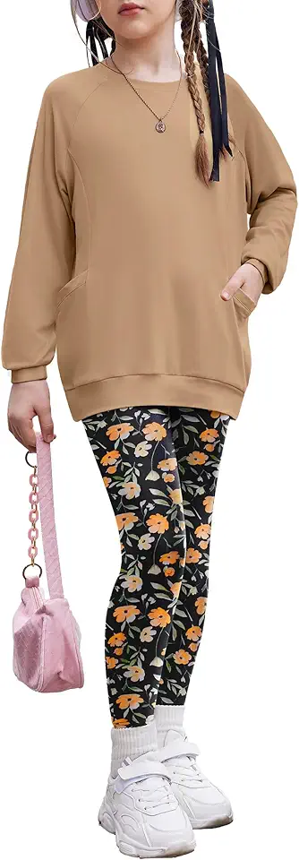 Arshiner Girls 2 Piece Outfits Long Sleeve Raglan Top with Pockets and Slim Fit Pants Daily Wear Set for 6-14Y