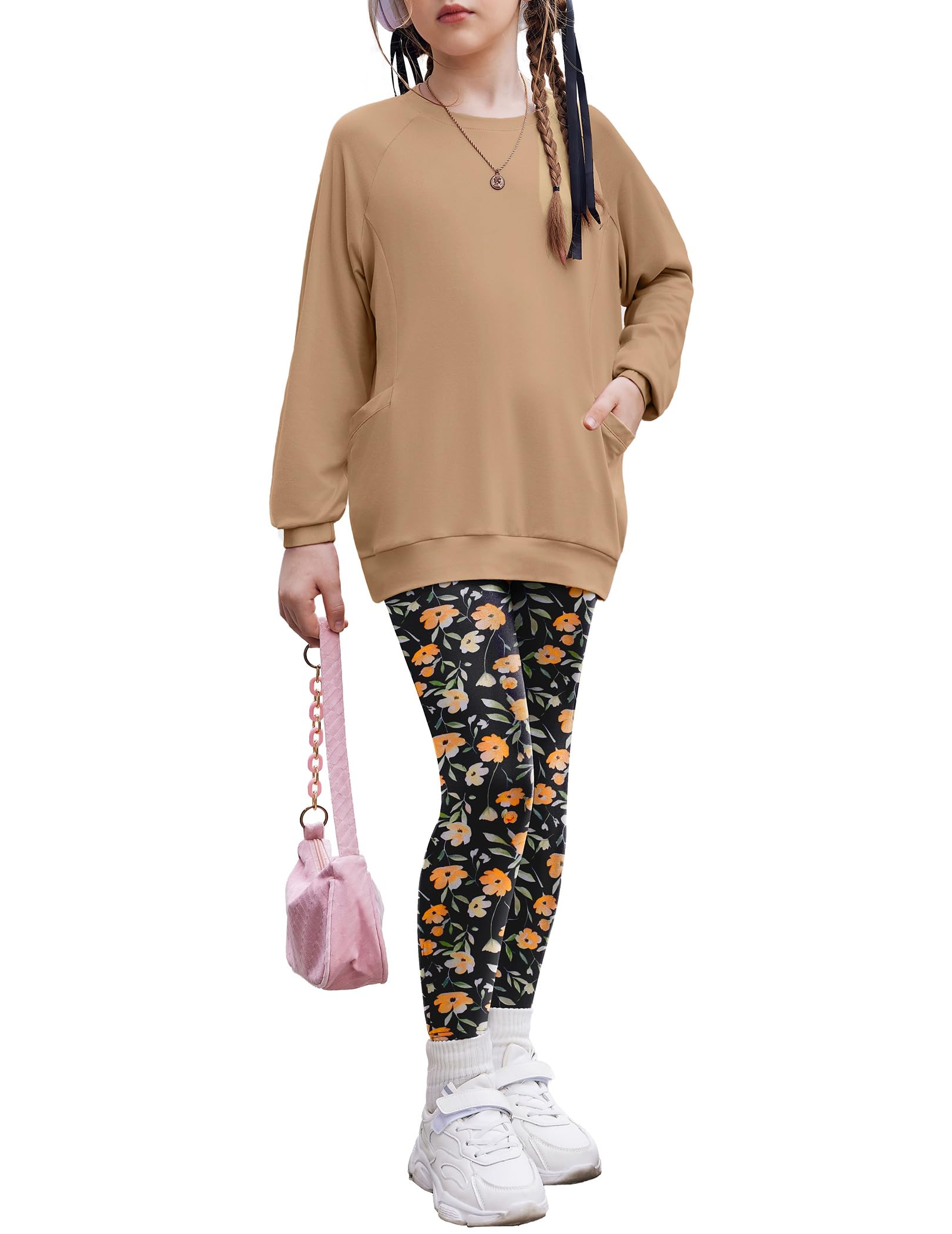 Arshiner Girls' Long Sleeve Raglan Top & Slim Fit Pants Daily Set (6-14Y)