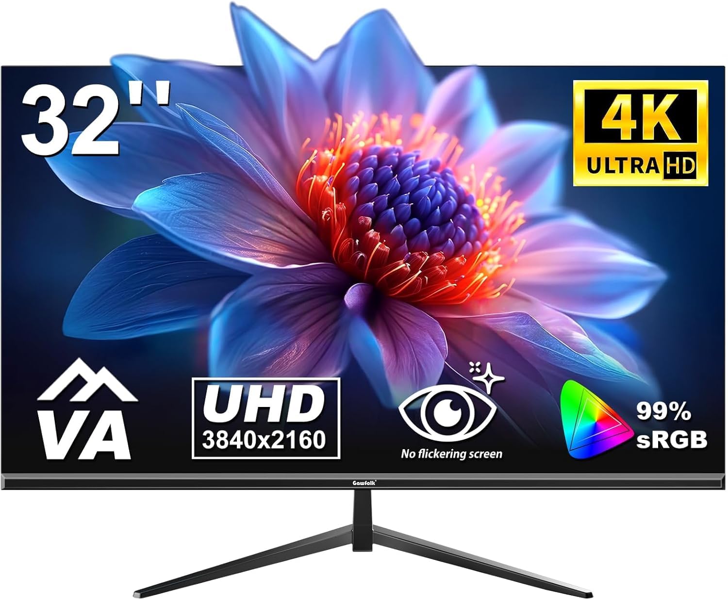 Gawfolk 32 inch 4K PC Monitor, UHD 3840 x 2160p 60HZ Computer Monitors VA Screen for Home & Office, Support HDMI 2.0, DP 1.4 (black)