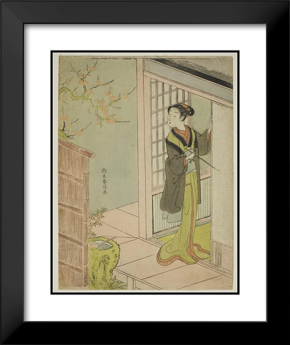 ArtDirect Suzuki Harunobu 20x24 Black Modern Framed and Double Matted Art Print Titled Beauty Admiring a Bush Warbler Singing in a Plum Tree