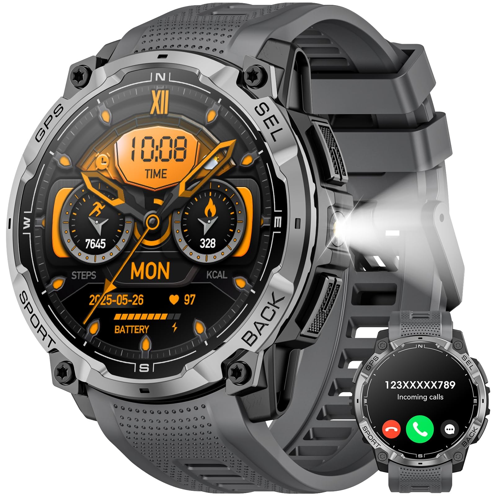 Smartwatch Uomo con GPS, 1.43" AMOLED HD Orologio Smart Watch Militare con Chiamata Bluetooth, Torcia LED, Bussola, Cardiofrequenzimetro, 100+ Modalità Sportive Fitness Tracker per Android iOS