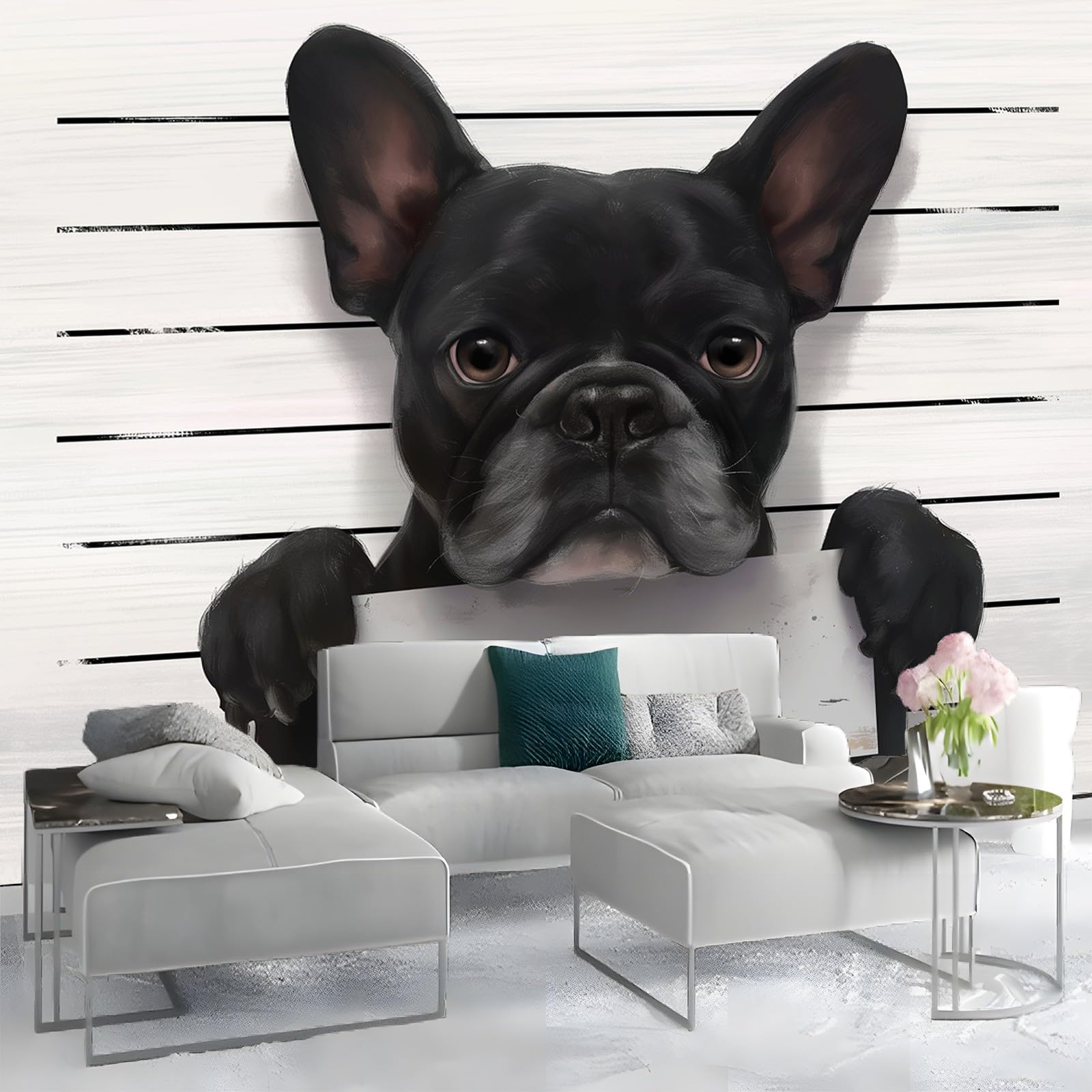 Fototapeta ze zwierzętami buldog francuski, tapeta ścienna, biała, do salonu, sypialni, biura, 200 x 140 cm, tapeta z włókniny, dekoracja ścienna