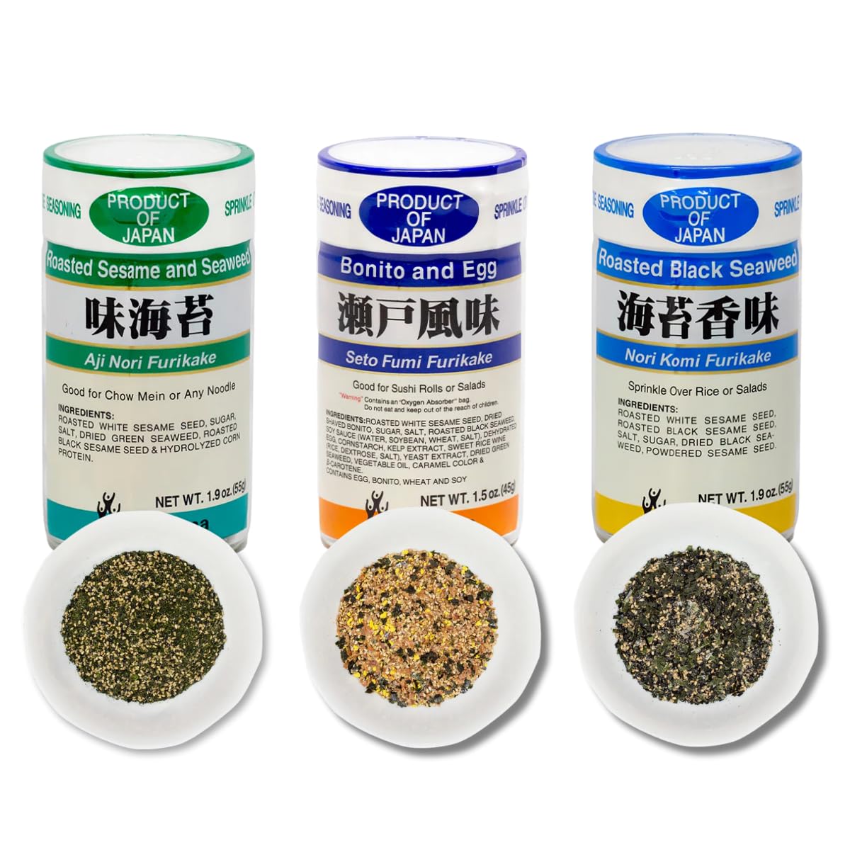 Furikake Japonés 3 Sabores (1.9oz/Pack de 3) - Nori Komi, Seto Fumi, Ajinori