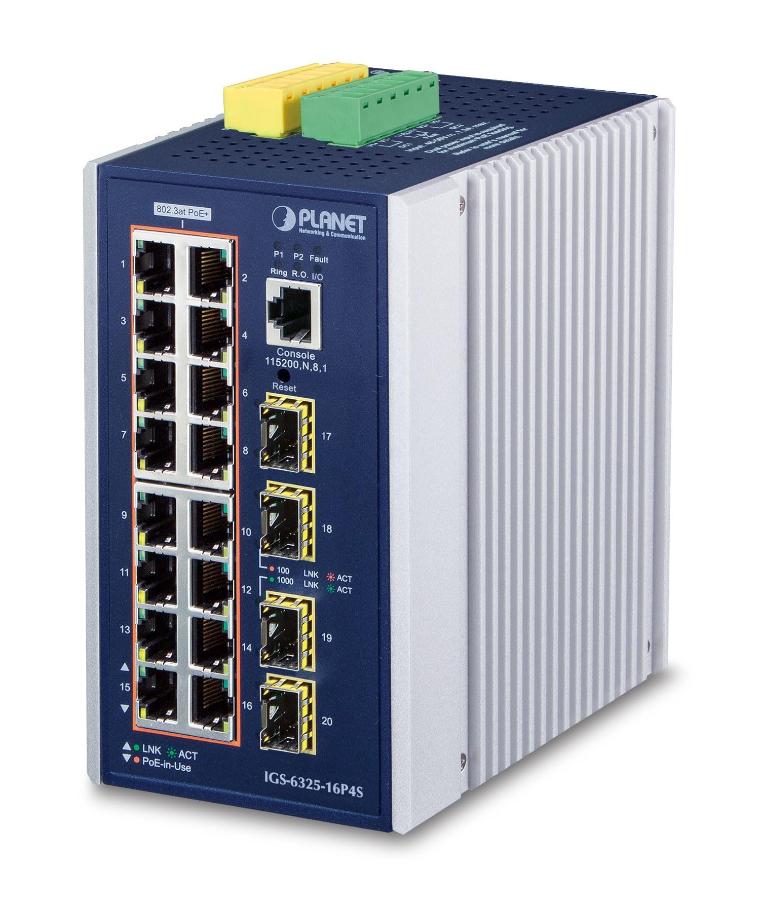 Planet IP30 DIN-Rail Ind. L3 16 Port 10/100/1000T 802.3at PoE, IGS-6325-16P4S (10/100/1000T 802.3at PoE 4-Port 100/1000X SFP Full Managed Switch)