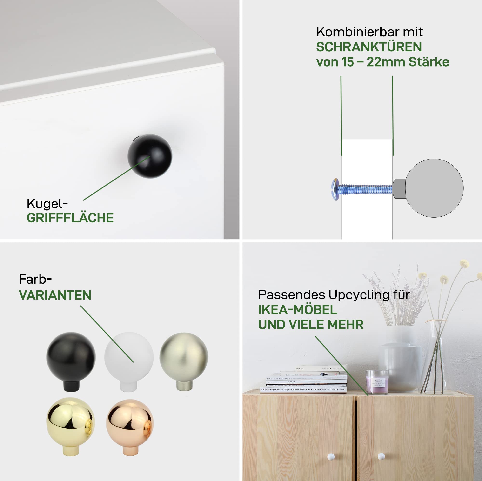 Poignée de meuble BALL Natural Goods Berlin Noir - Bouton d'armoire pour tiroir, commode, buffet, cuisine