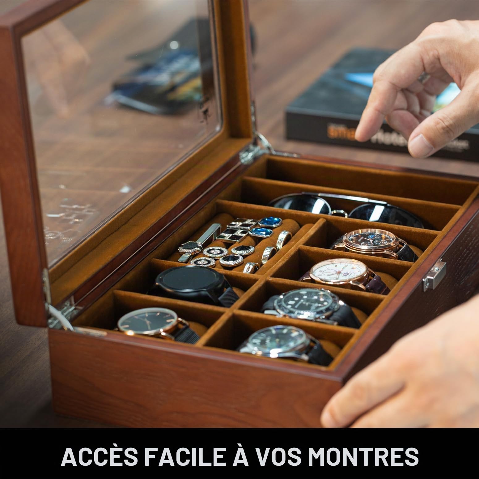 Slege Boîte à Montres en Bois,6 Emplacements,Coffret à Montres avec Couvercle en Verre,Organisateur de Rangement pour Montre,Boîte à Bijoux,Cadeau pour Homme Femme,pour Montre,Lunette de Soleil,Bague