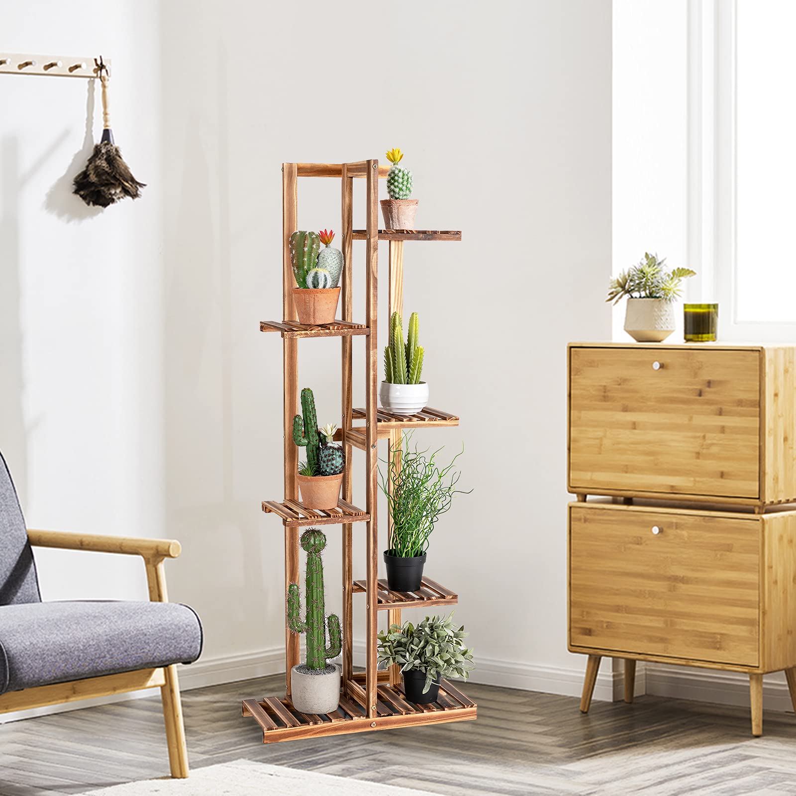COSTWAY Étagère pour Plantes en Bois de Pin 6 Niveaux Autoportante pour 7 Pots de Fleurs avec Dispositif Anti-Dumping Intérieur/Extérieur Naturel