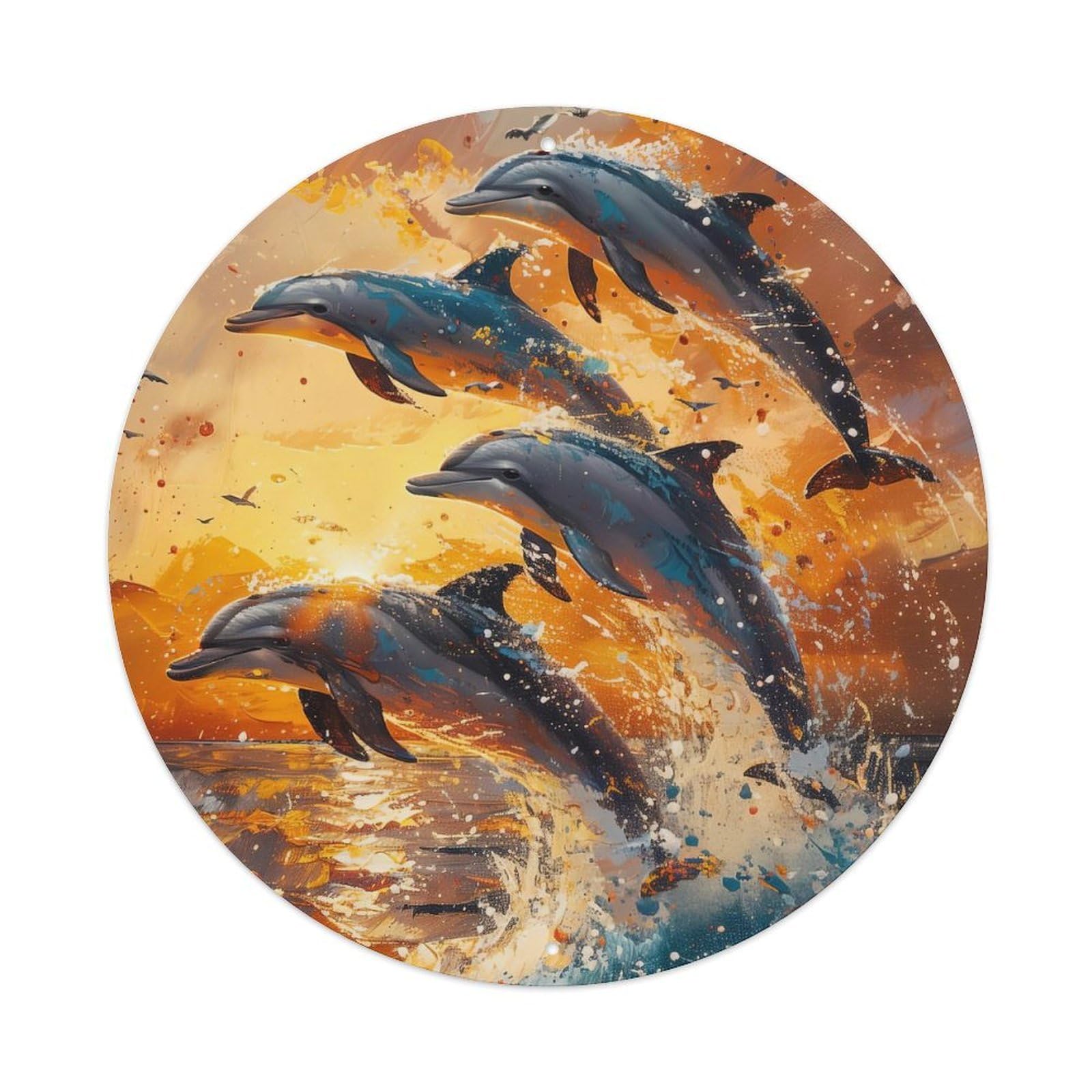 Animal Sunset And Dolphins Vintage Metal Tin Sign Plaque Wall Decor for Cafe, Club, Garden Round Metal Poster 8x8Inch