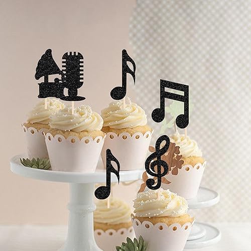 Vista 10 de Rsstarxi Paquete de 24 adornos para magdalenas, micrófono con purpurina, símbolos musicales, selecciones de cupcakes, música rock, concierto, tema