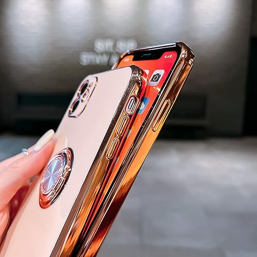 Miniatura 5 de Funda para iPhone 15 Plus con soporte de anillo con chapado de diamante brillante, borde de oro rosa integrado, soporte magnético de rotación 360