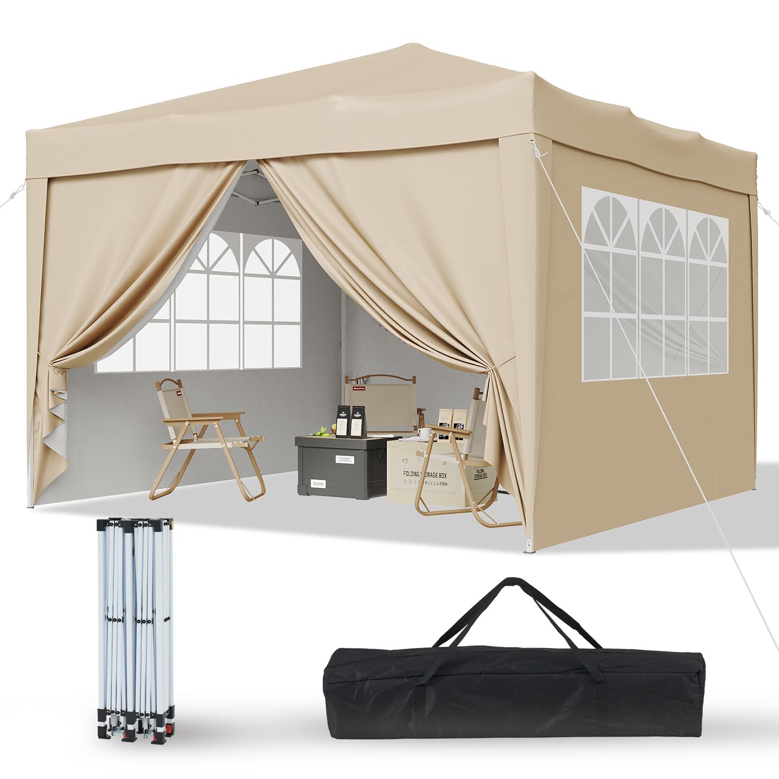 Aoxun Pop Up Gazebo with Sides 3m x 3m, Metal Frame Shelter Tent for Outdoor Garden Party, with Mesh Windows & Carry Bag,Beige