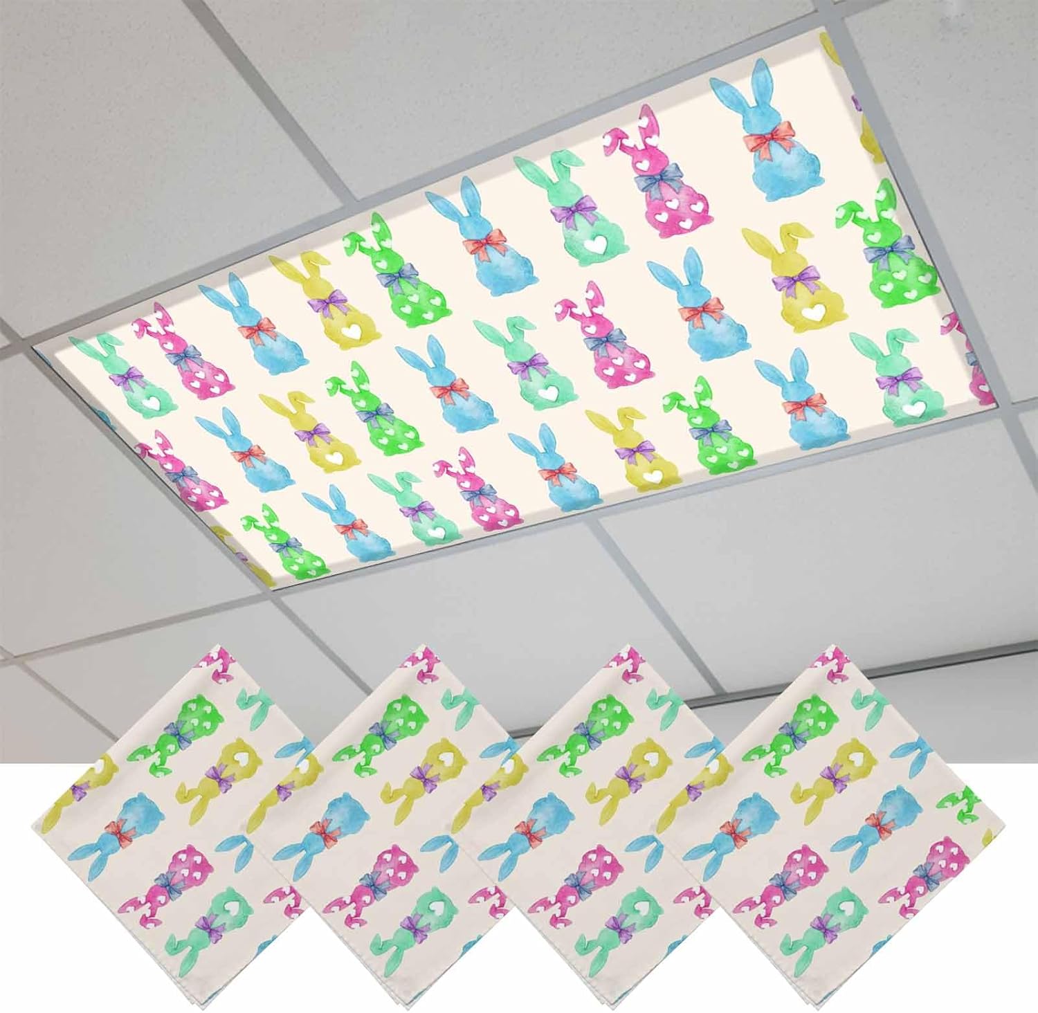 Easter Bunny Fluorescent Light Covers for Ceiling Lights 4x2 feet,4 Pack Magnetic Light Filters for Classroom,Colorful Rabbits Love Heart Vintage Country Fluorescent Lamp Shade Panel for Office School