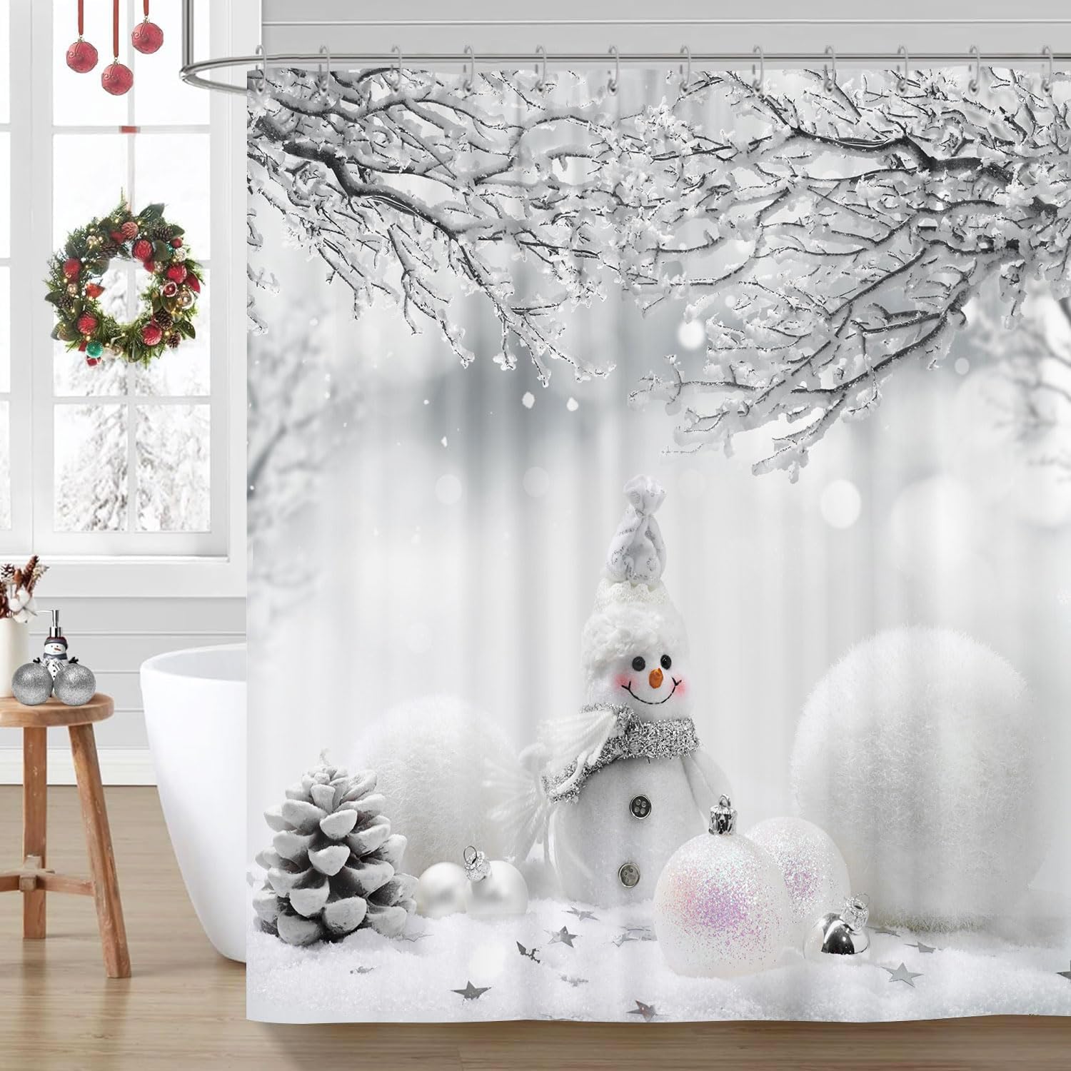 GOAOK Christmas Snowman Shower Curtain, Cute Snowman Balls Snowflake in Grey Winter Snow Forest Decorative Shower Curtain Set, Xmas Holiday Gray Shower Curtain 12 Hooks Included Polyester 72"X84"Inch