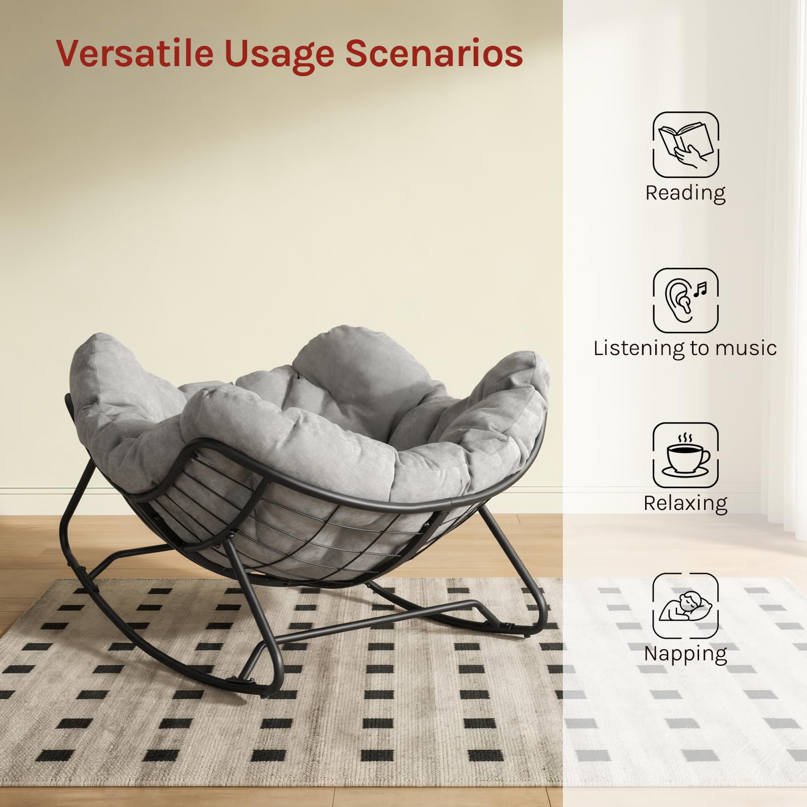 WOLTU Sedia a Dondolo a Forma di Uovo, Poltrona Relax con Gambe Curve, Struttura in Metallo e Cuscino in Ciniglia, Portata 150 kg, per Salotto e Balcone, Grigio Chiaro