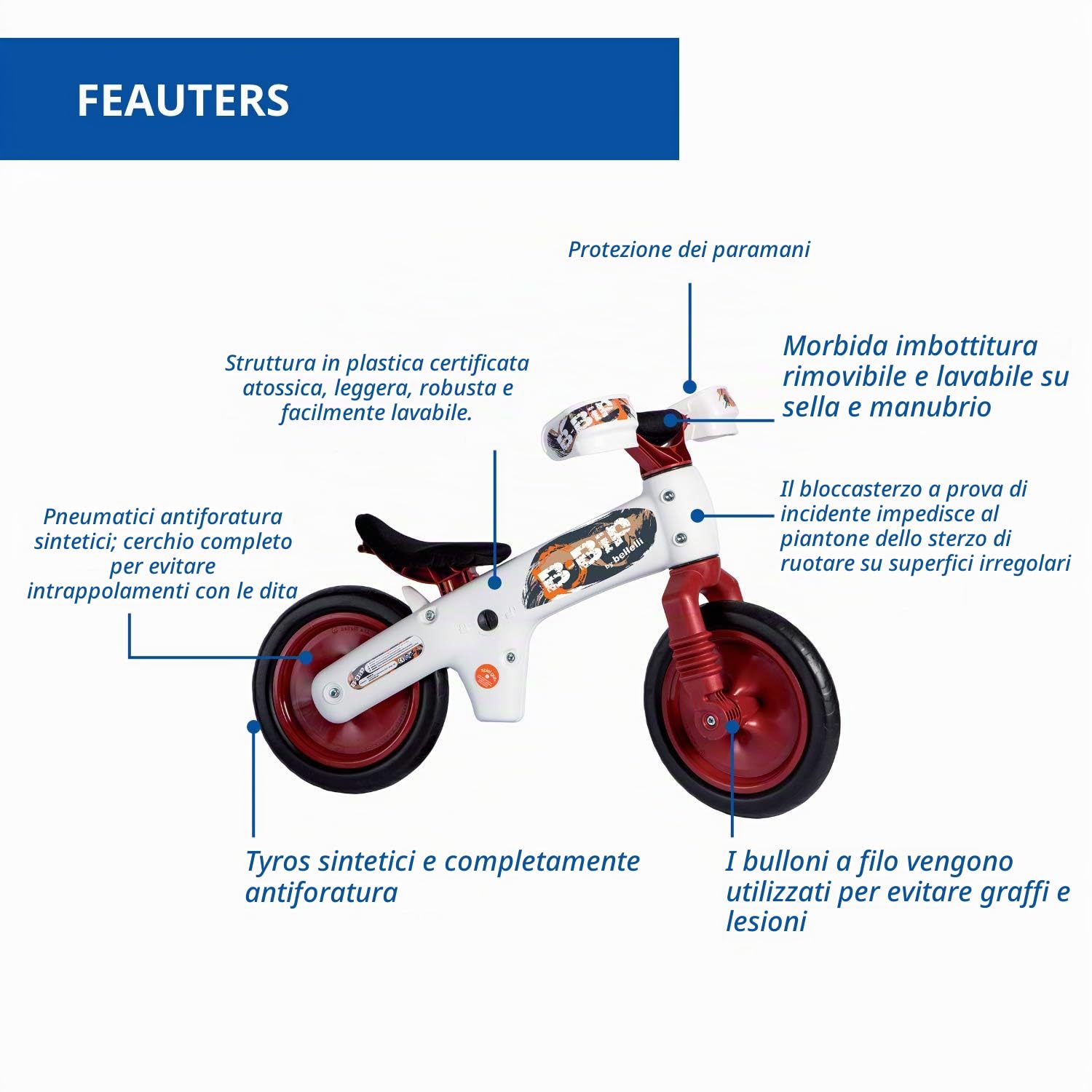 b bellelli B-Bip - Bicicletta senza Pedali - per Bambini da 2 a 5 Anni, Peso Massimo 33 kg - Utilizzo all'Interno e all'Esterno - Bianco e Rosso