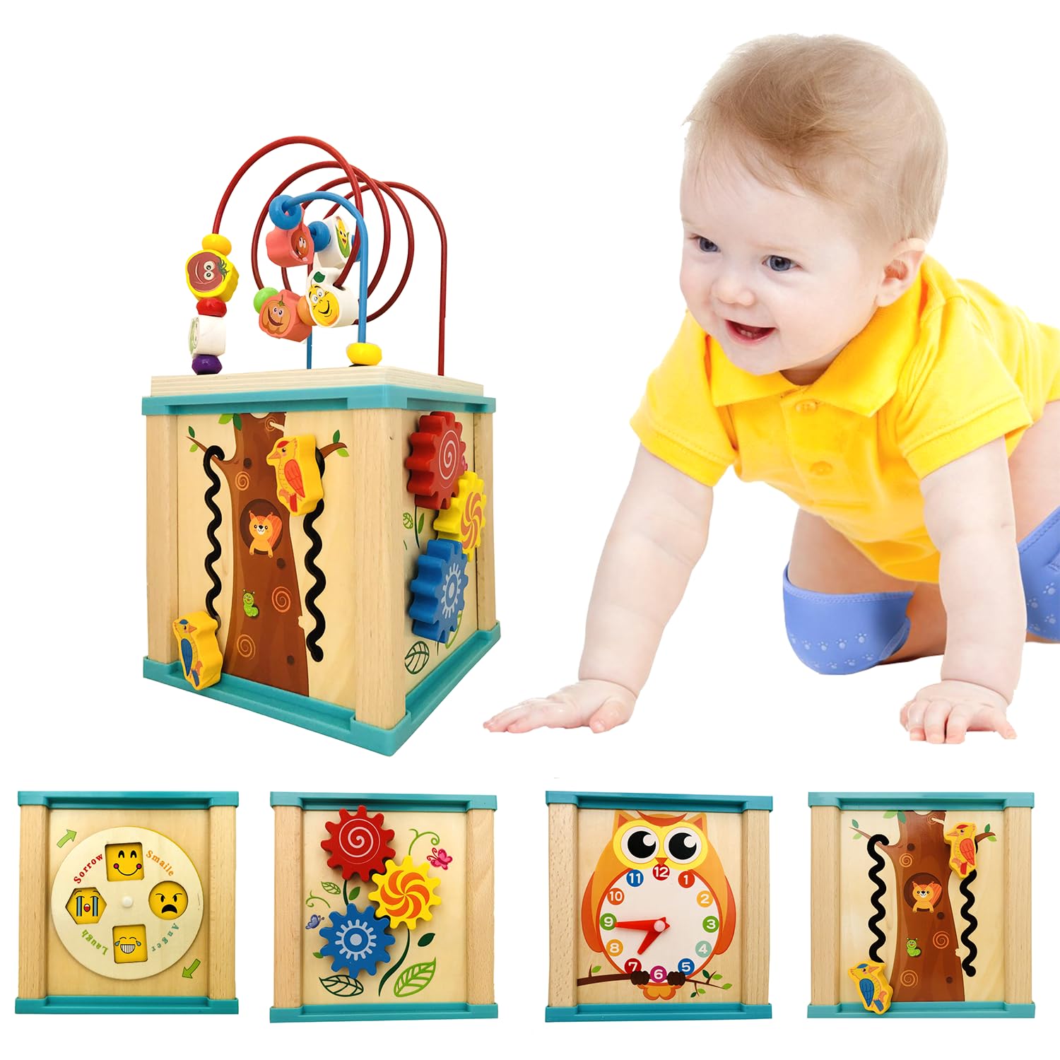 ICYLIFE 5 in 1 Wooden Baby Activity Cube | Kids Learning Toys for 1 + Year Old boy & Girl | Sensory Toys for Kids Having Emoji Wheel | Interactive Toys for Kids Includes Bead Maze with vegies (B0CLLXSLN1) Amazon Price History, Amazon Price Tracker