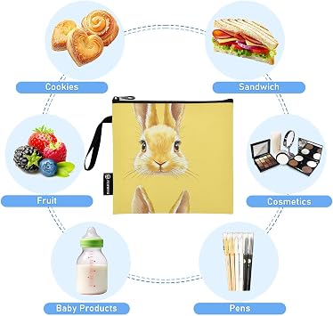 Cute Bunny Faces Light Yellow 3 Piecing Reusable Zipper Snack Bags Portable Boys Lunch Bags for Kids School Lunch and Adults Portion