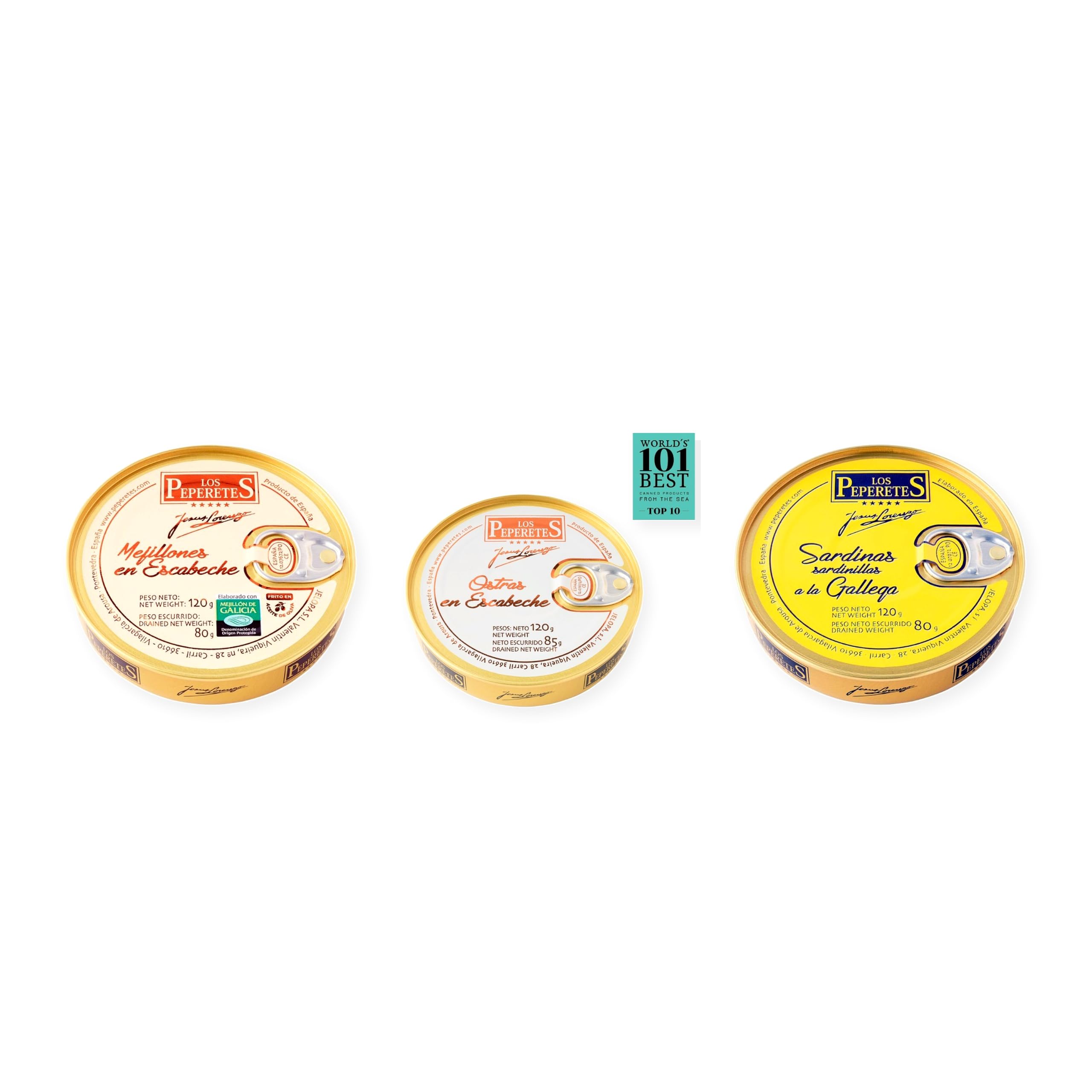 los peperetes conservas Mejillones Escabeche 10-12, Ostras Escabeche y Sardinillas Gallega pack 3 latas