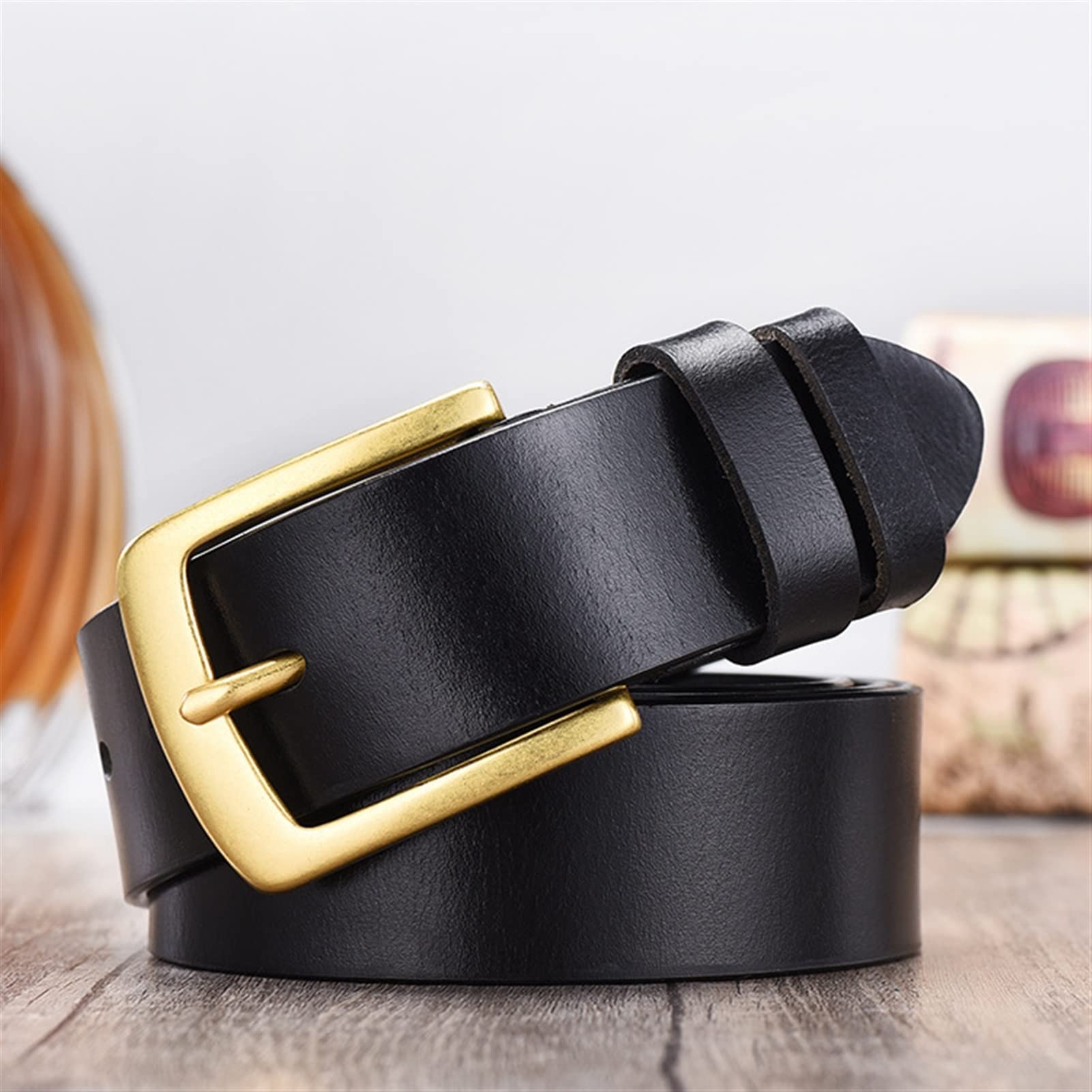 Cinturón ajustable de cuero genuino, Cinturón de cuero for hombre, capa superior de cuero, cinturón con hebilla, versátil, informal, ancho, hebilla antiarañazos, suave y flexible(Black,Length 115cm)