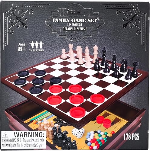 Miniatura 7 de Elbow Room Games - Juego familiar, 10 juegos clásicos con caja de almacenamiento de madera y tableros de juego integrados, diversión sin fin para