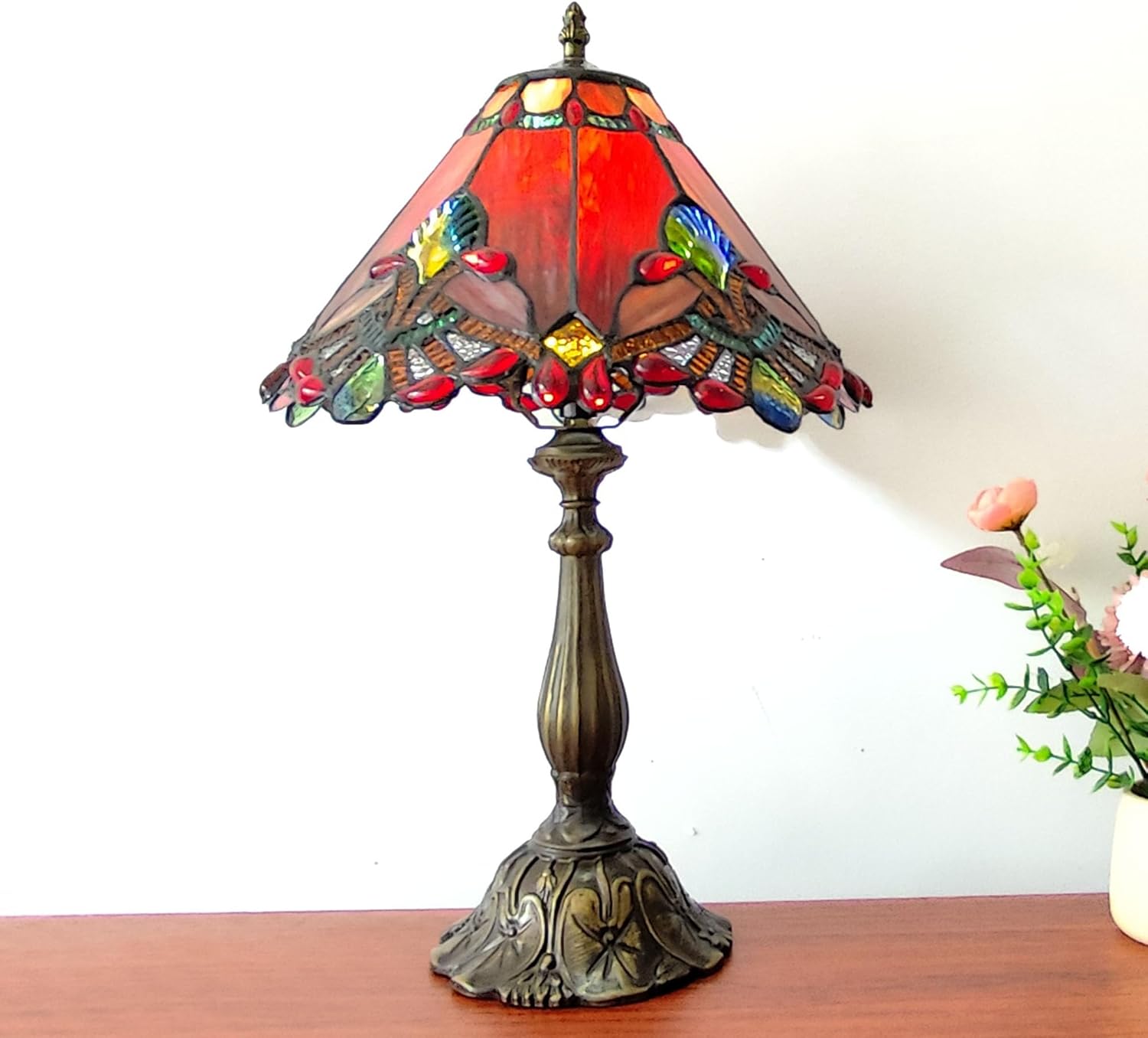 Tiffany Table Lamp Red Baroque Style Stained Glass Lamp 12X12X19 Inch Antique Lamp for Office Home Bedroom Living Include 3-Color LED Bulb
