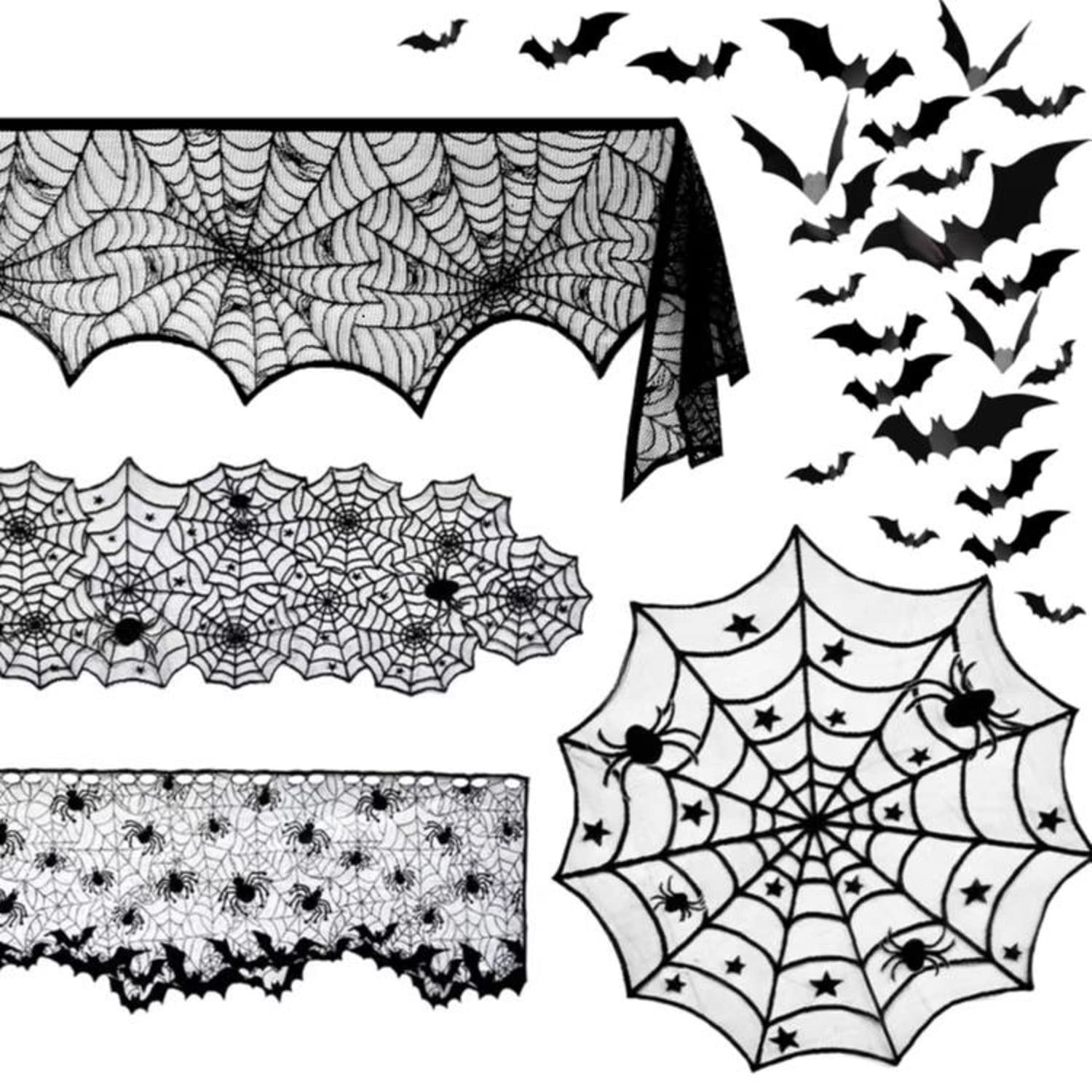 5 Pack Halloween Spider Decorations Sets -Halloween Fireplace Mantel Scarf & Round Table Cover & Lace Table Runner & Cobweb Lampshade & 60 pcs Scary 3D Bat for Halloween Party Decors - 