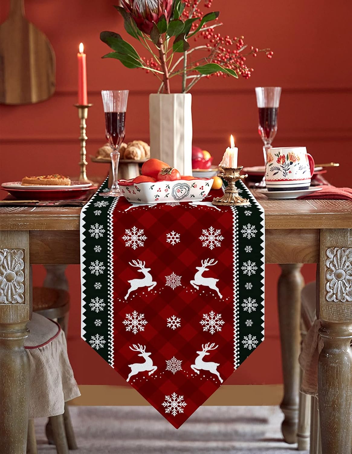 Z&L Home Table Runner Cotton Linen Dresser Scarves,Farm Red Lattice Table Runners for Christmas Eve Family Dinner/Holiday Party/Events/Kitchen Decor Snowflakes with Reindeer Silhouettes 13×108in