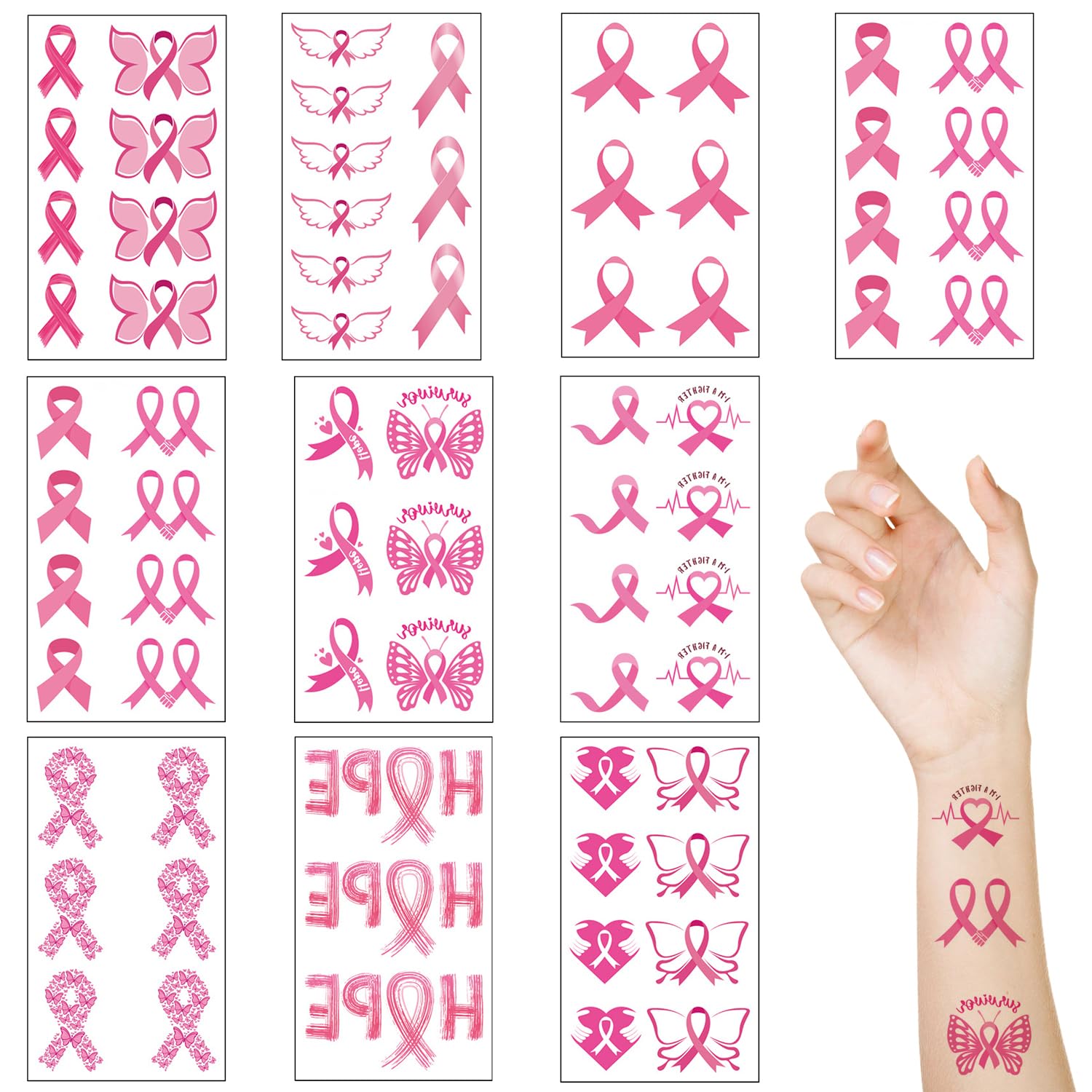 UNVOJL 10 Sheets Pink Ribbon Temporary Tattoos Breast Cancer Awareness Tattoo Stickers Make-Up Accessories Fake Tattoo for Charity Event Decoration