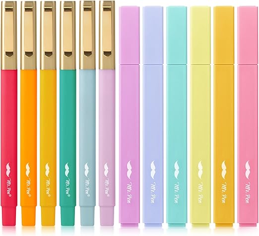 Mr. Pen- Aesthetic Highlighters and Pens, 12 Pack, Assorted Color No Bleed Bible Highlighters, Black Ink Pens