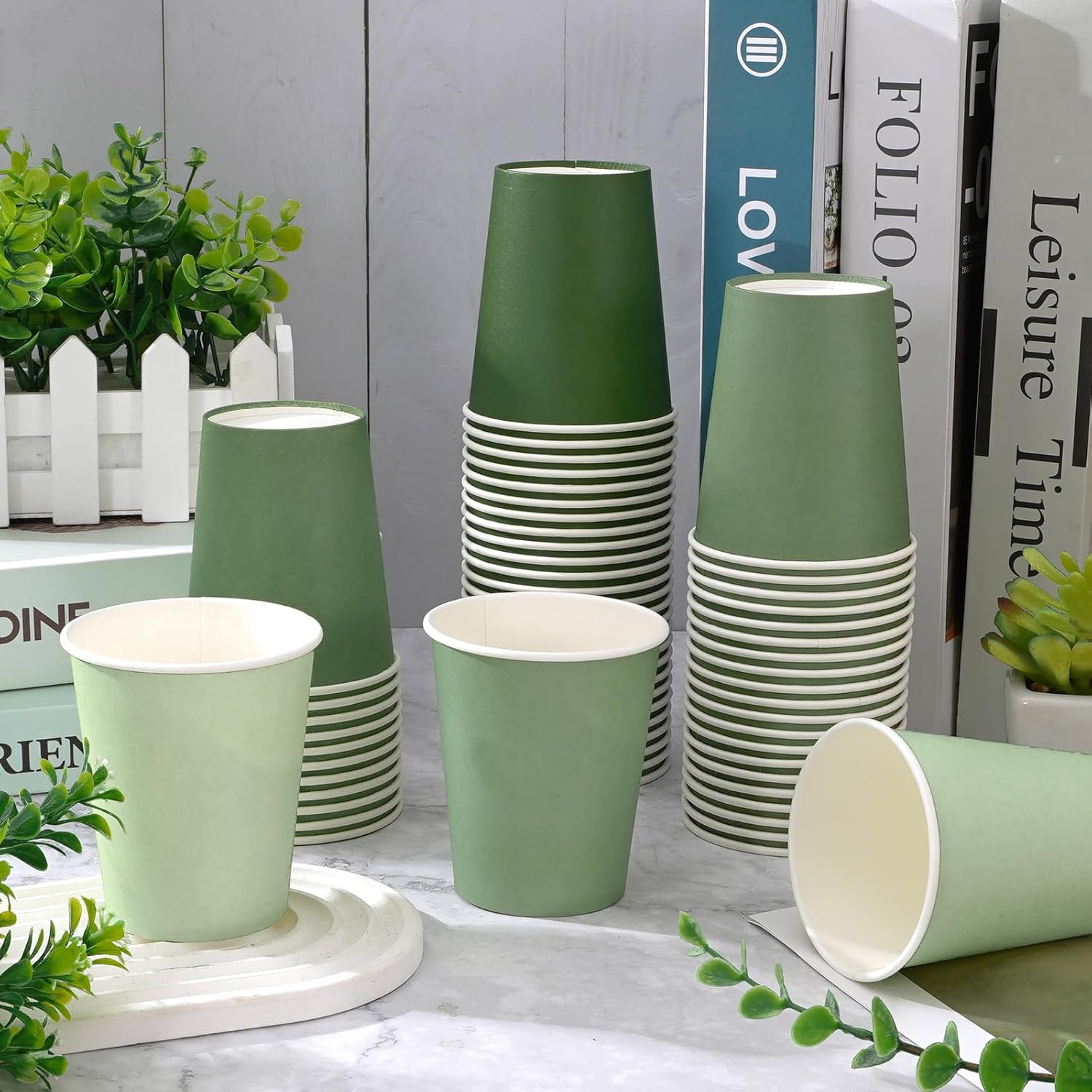 AnyDesign 100Pcs Sage Green Paper Cups 9oz Spring Disposable Coffee Cup Gradient Color Beverage Drink Party Cup for Cold Hot Drinks for One Lucky Duck Wedding Birthday Bride Baby Shower Party Supplies - Image 3