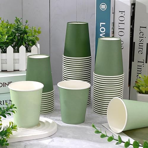 Miniatura 3 de AnyDesign 100 vasos de papel verde salvia de 9 onzas desechables de color degradado, tazas de café desechables para bebidas de primavera, tazas de